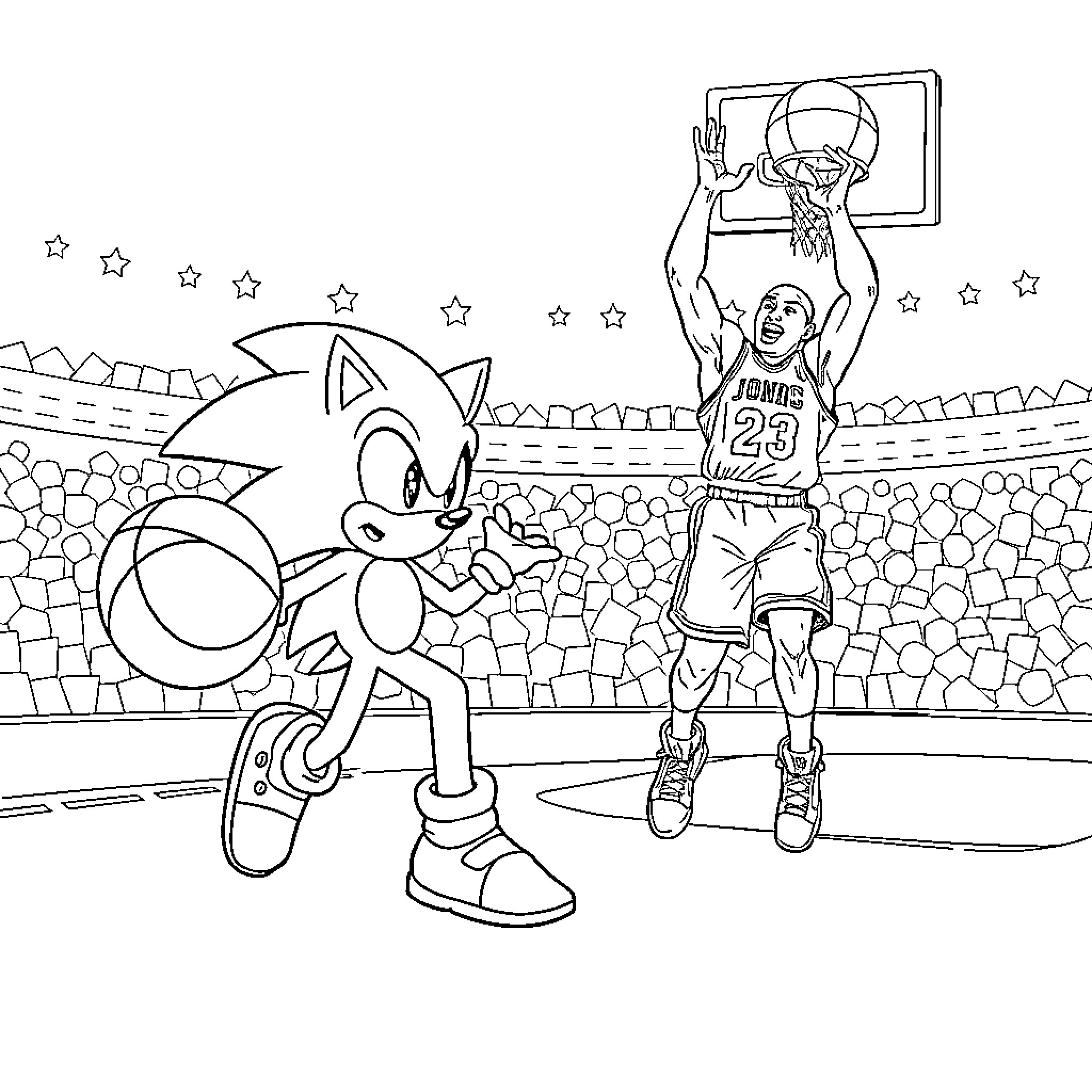 Sonic Cheering on Basketball Player in Court Coloring Page (free black-and-white line drawing printable PDF for all, from beginners to advanced learners, including children, teens, adults, and seniors)