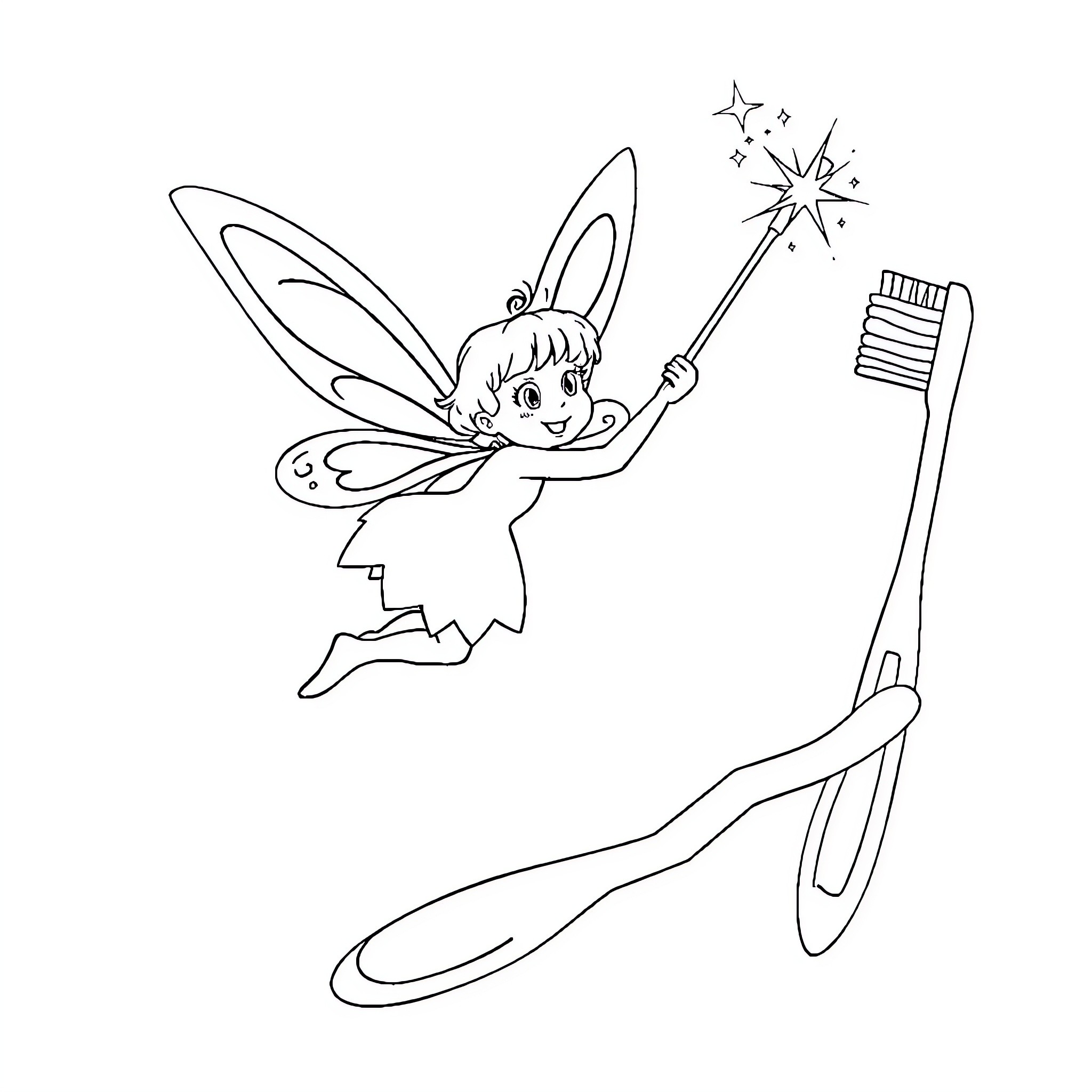 Tooth Fairy with magical wand and toothbrush Coloring Page (free black-and-white line drawing printable PDF for all, from beginners to advanced learners, including children, teens, adults, and seniors)