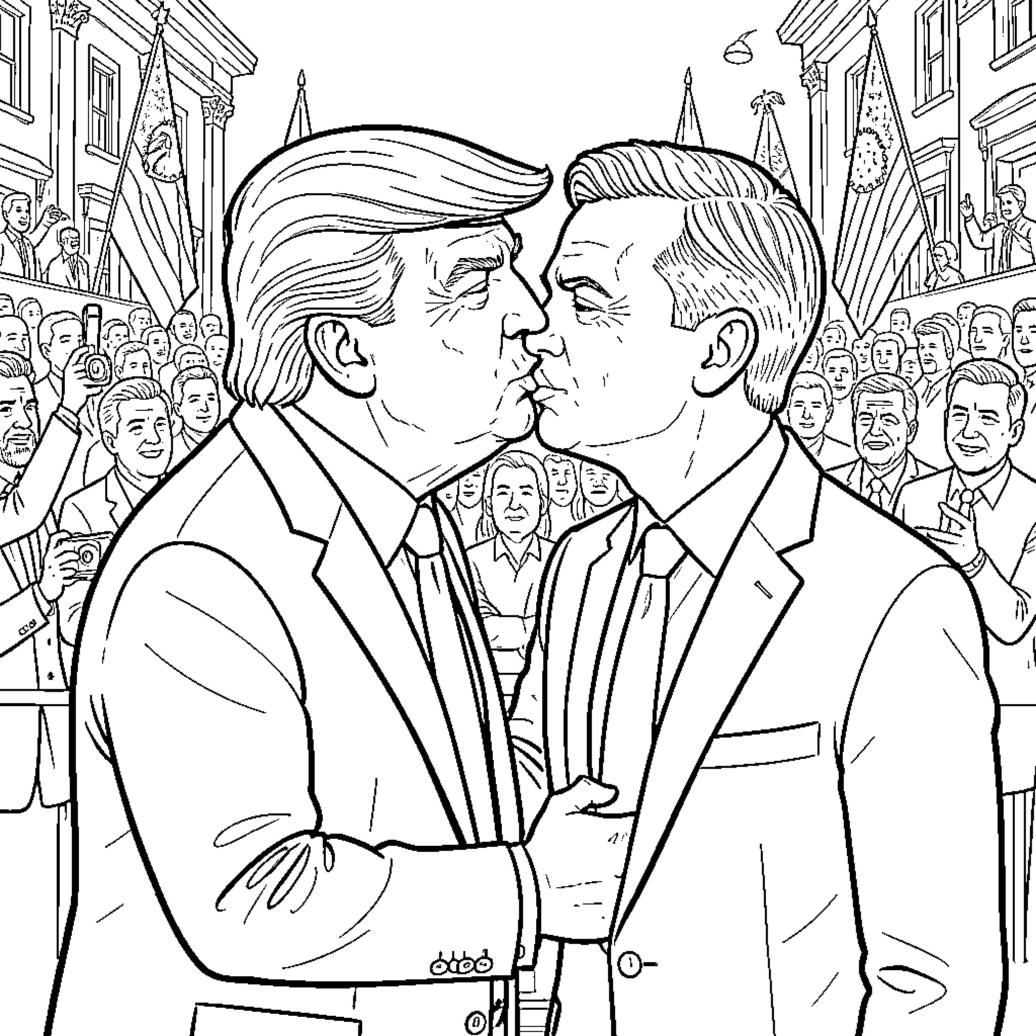 Trump kissing another man in front of a crowd Coloring Page (free black-and-white line drawing printable PDF for all, from beginners to advanced learners, including children, teens, adults, and seniors)