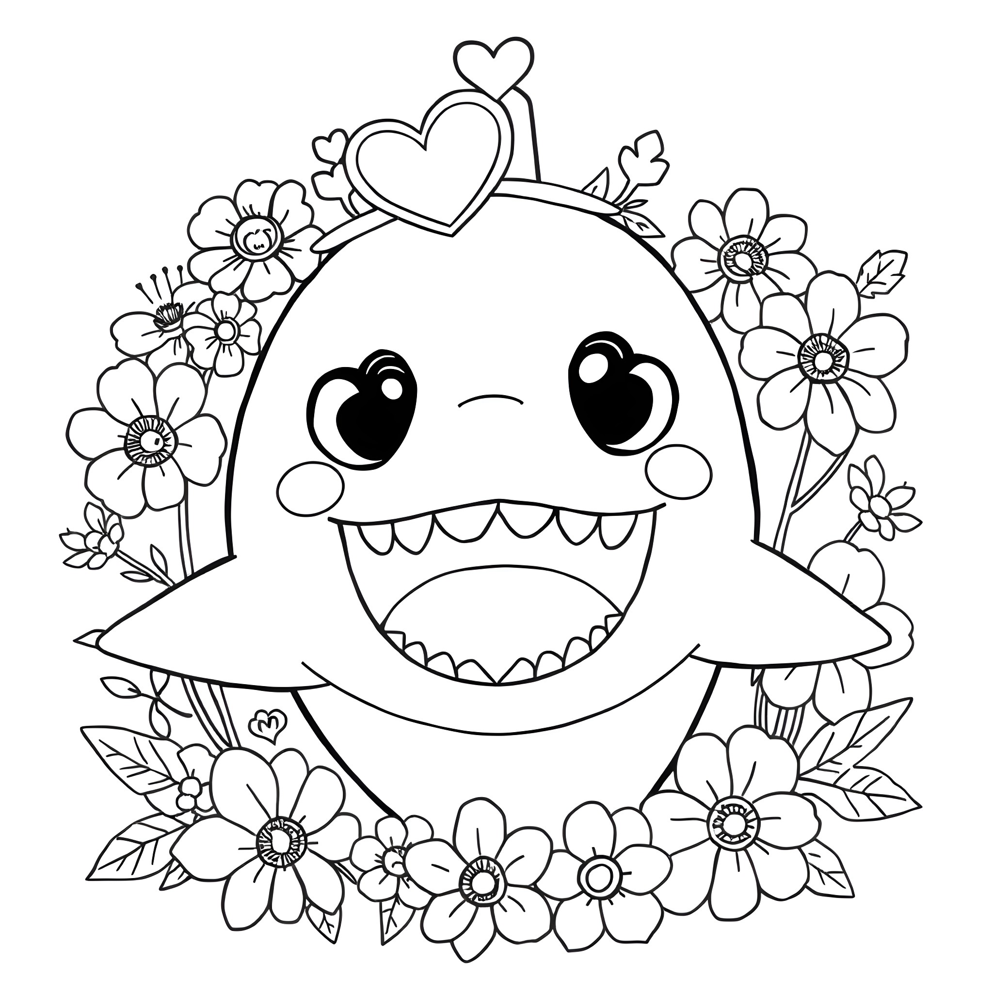 Shark with flowers enjoying nature Coloring Page (free black-and-white line drawing printable PDF for all, from beginners to advanced learners, including children, teens, adults, and seniors)