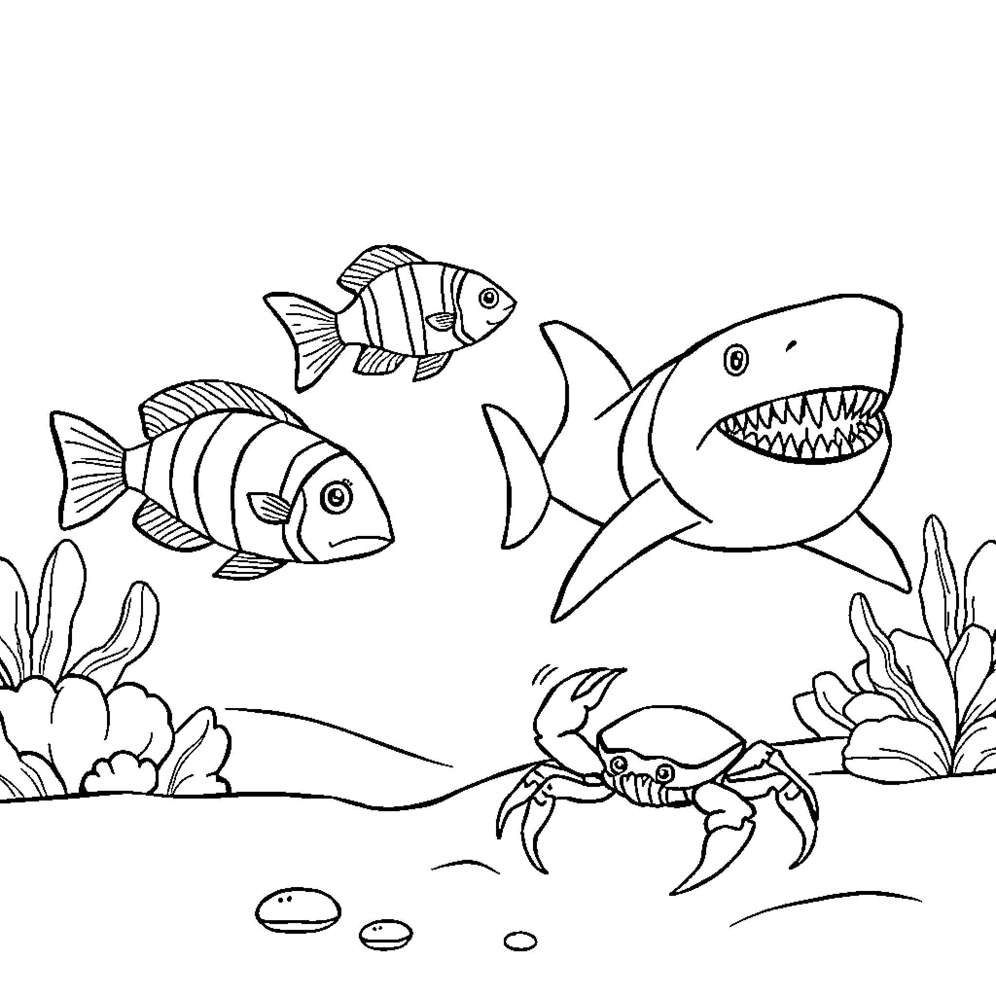 Ocean Animals Hunting and Exploring the Underwater Scene Coloring Page (free black-and-white line drawing printable PDF for all, from beginners to advanced learners, including children, teens, adults, and seniors)