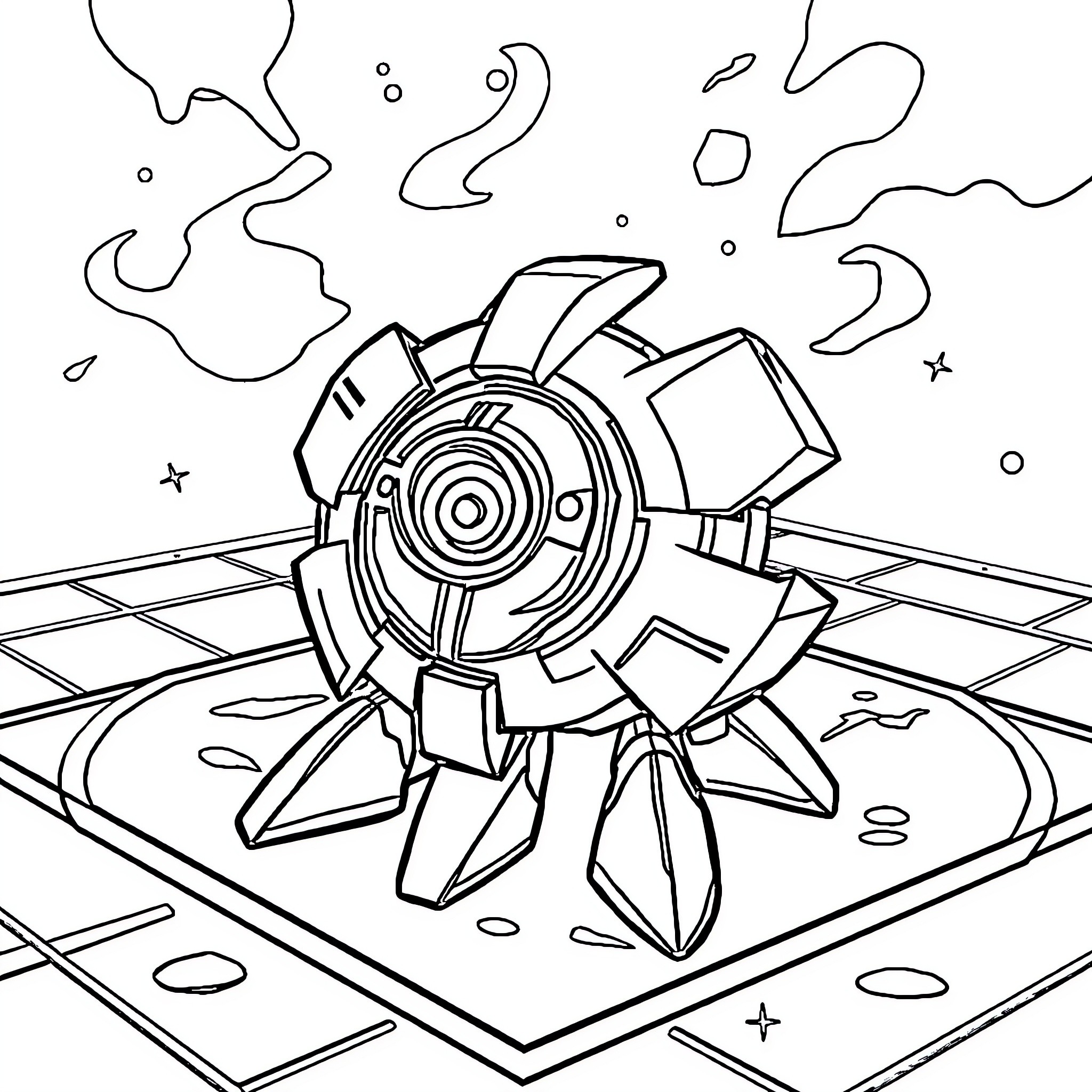 Bakugan battle arena with futuristic creature Coloring Page (free black-and-white line drawing printable PDF for all, from beginners to advanced learners, including children, teens, adults, and seniors)