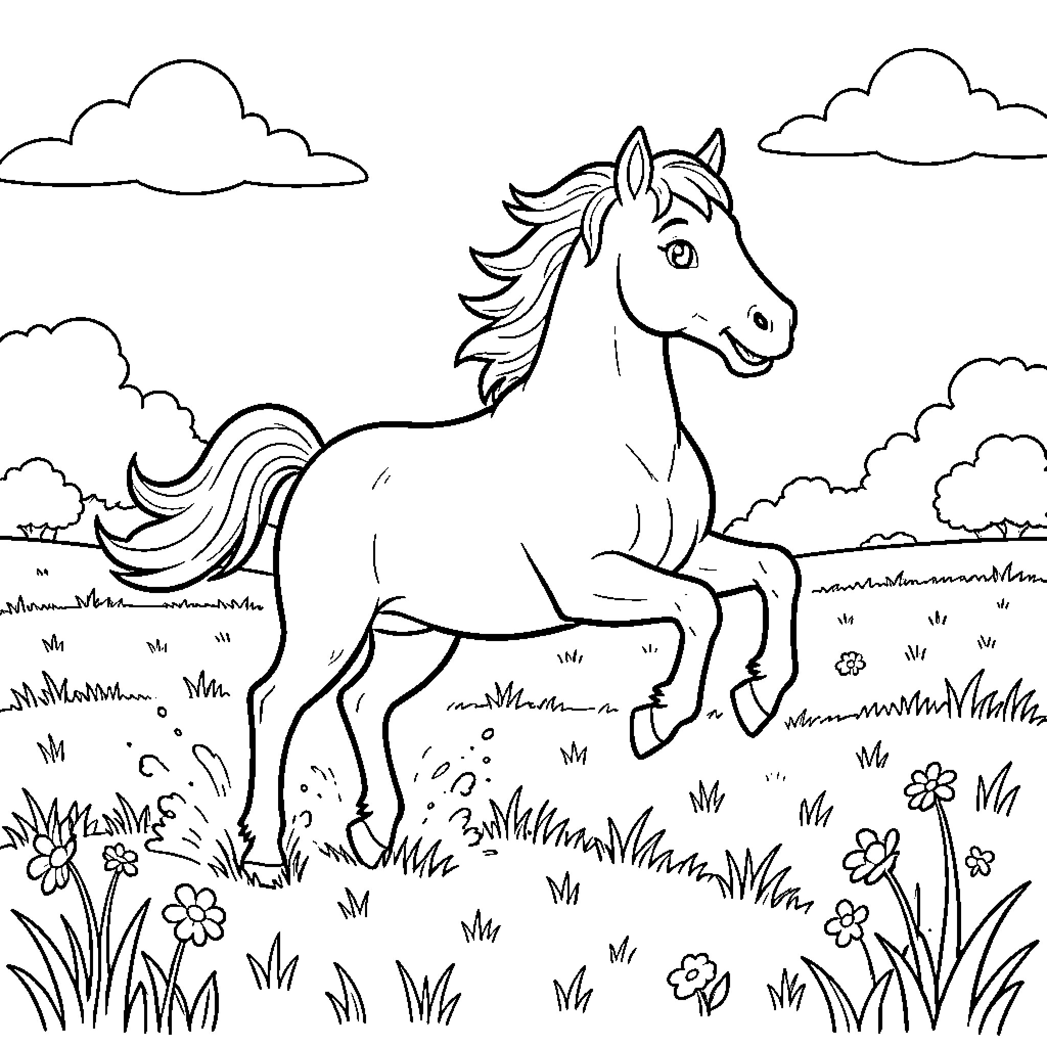 Caballo galloping through the meadow Coloring Page (free black-and-white line drawing printable PDF for all, from beginners to advanced learners, including children, teens, adults, and seniors)