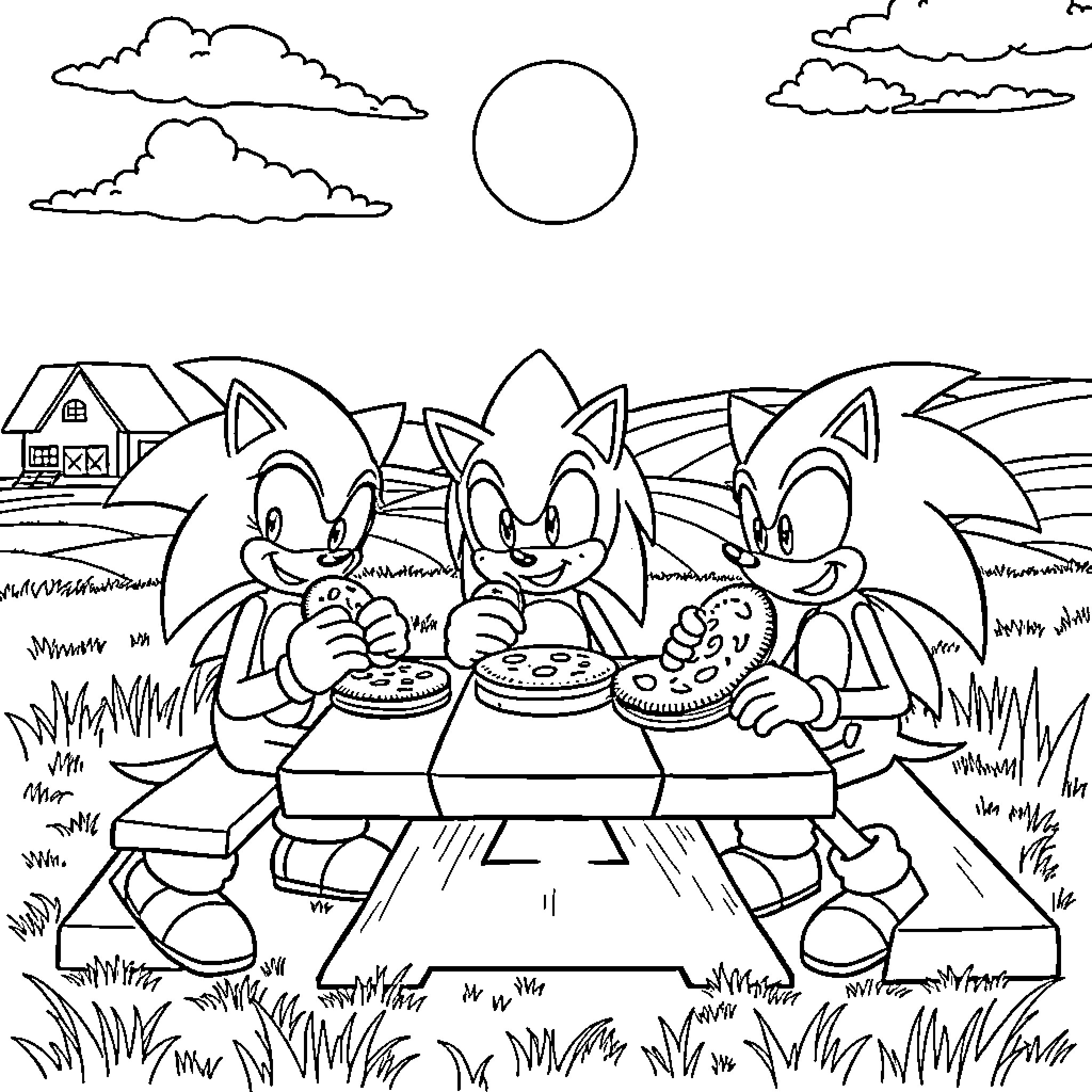 Sonic characters enjoying a picnic in the park Coloring Page (free black-and-white line drawing printable PDF for all, from beginners to advanced learners, including children, teens, adults, and seniors)