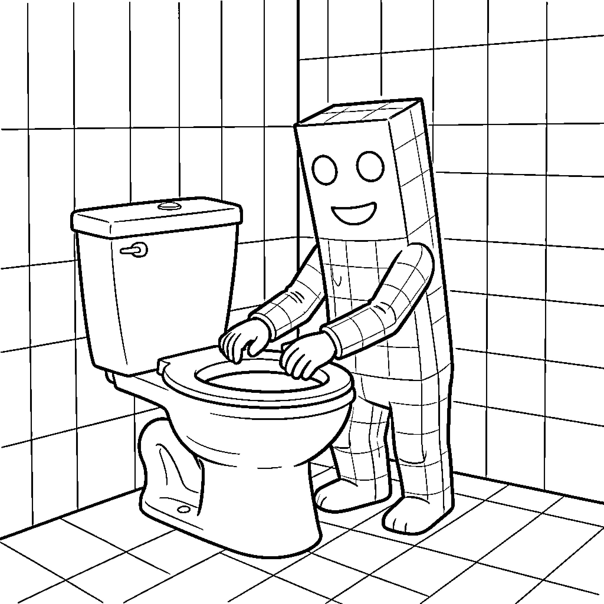 Enderman standing next to a toilet in a bathroom Coloring Page (free black-and-white line drawing printable PDF for all, from beginners to advanced learners, including children, teens, adults, and seniors)
