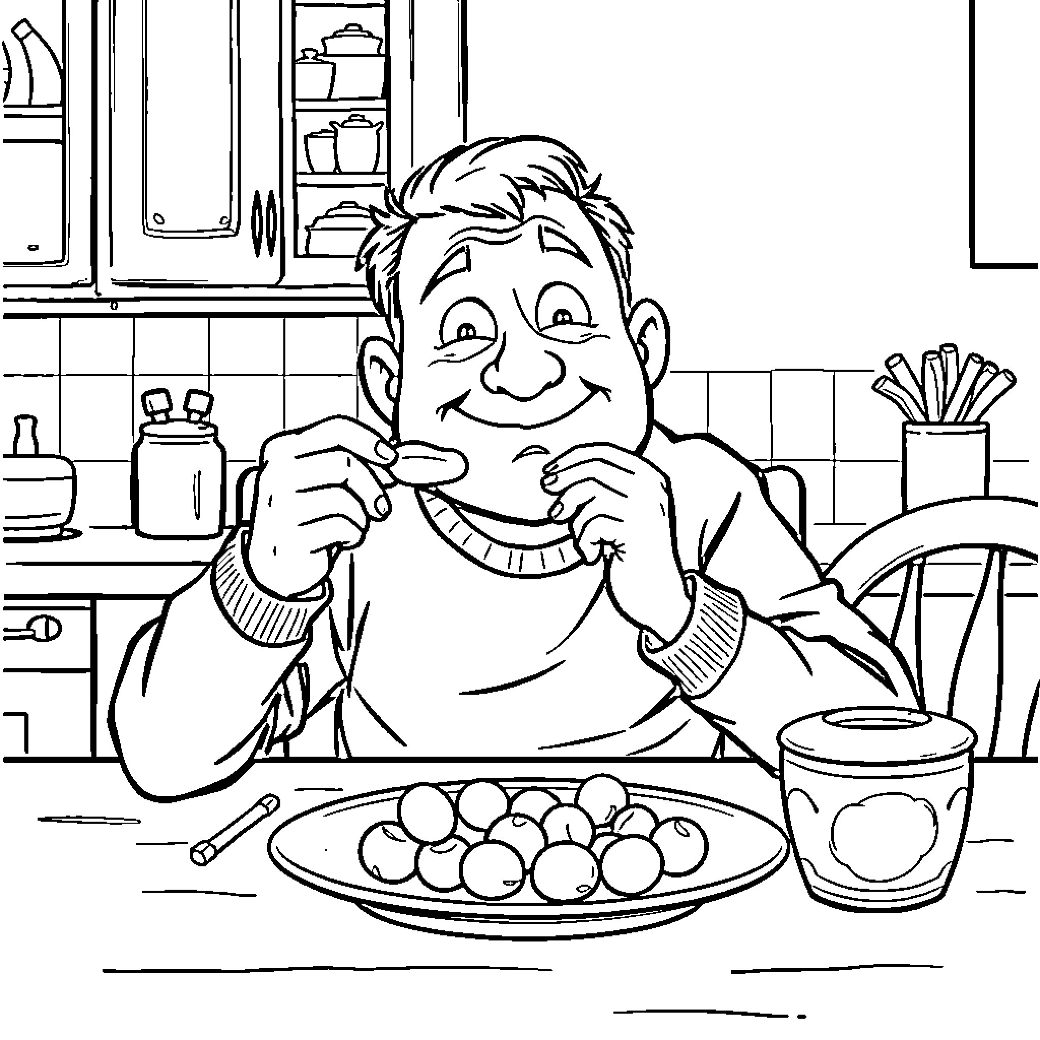 Daddy enjoying a tasty meal in the kitchen Coloring Page (free black-and-white line drawing printable PDF for all, from beginners to advanced learners, including children, teens, adults, and seniors)
