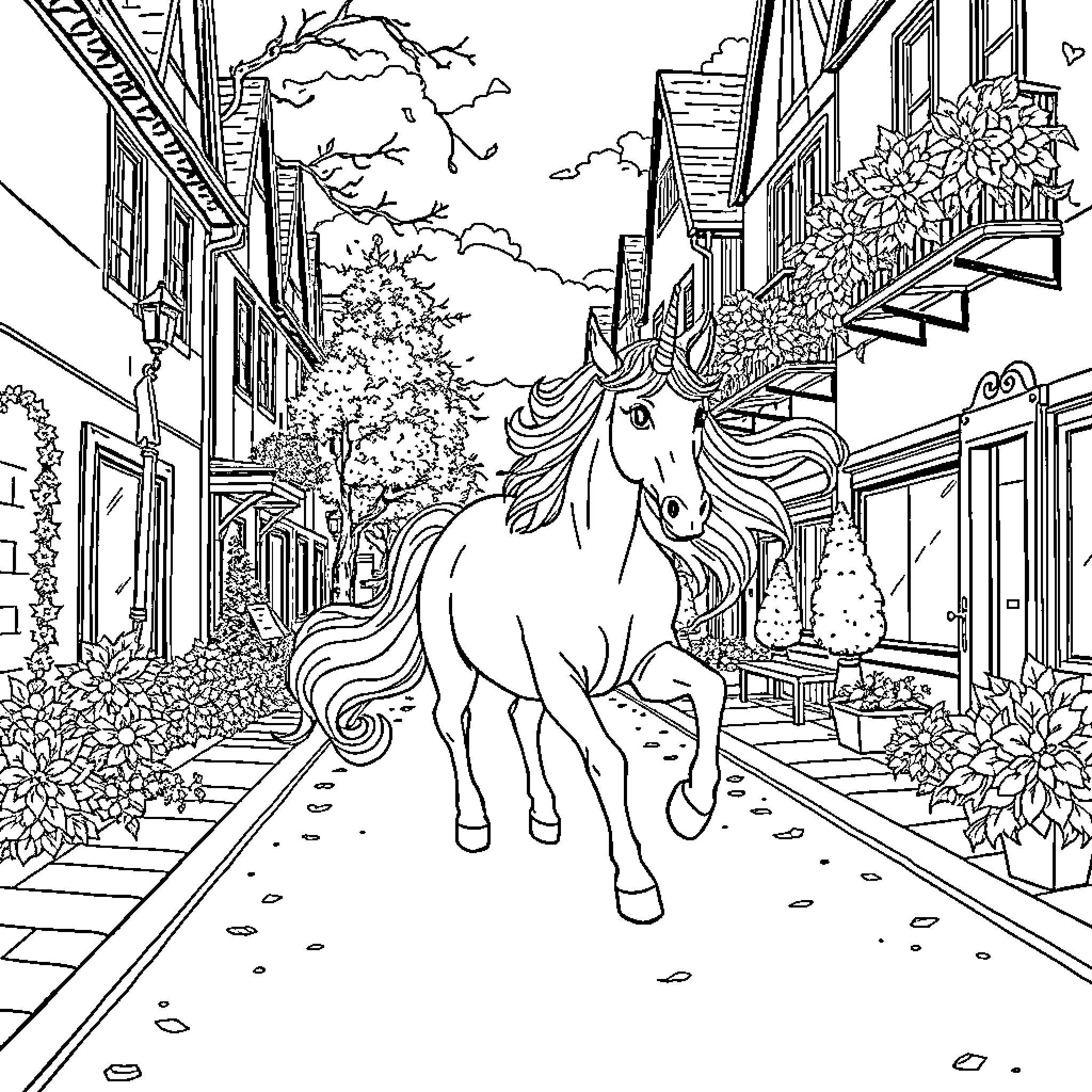 Unicorn Sighting on a Whimsical Urban Street Coloring Page (free black-and-white line drawing printable PDF for all, from beginners to advanced learners, including children, teens, adults, and seniors)