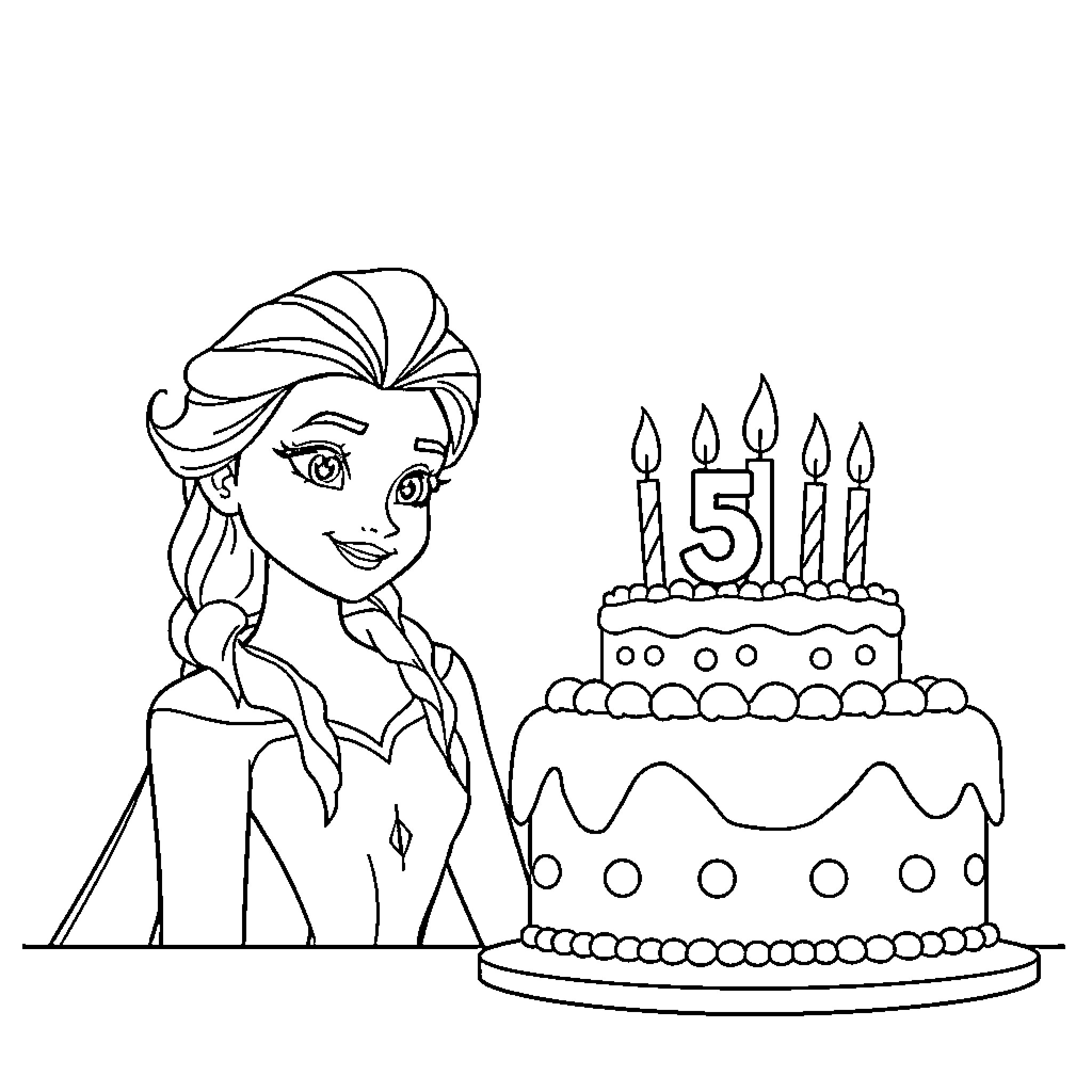 Elsa celebrates her 5th birthday with a festive cake Coloring Page (free black-and-white line drawing printable PDF for all, from beginners to advanced learners, including children, teens, adults, and seniors)