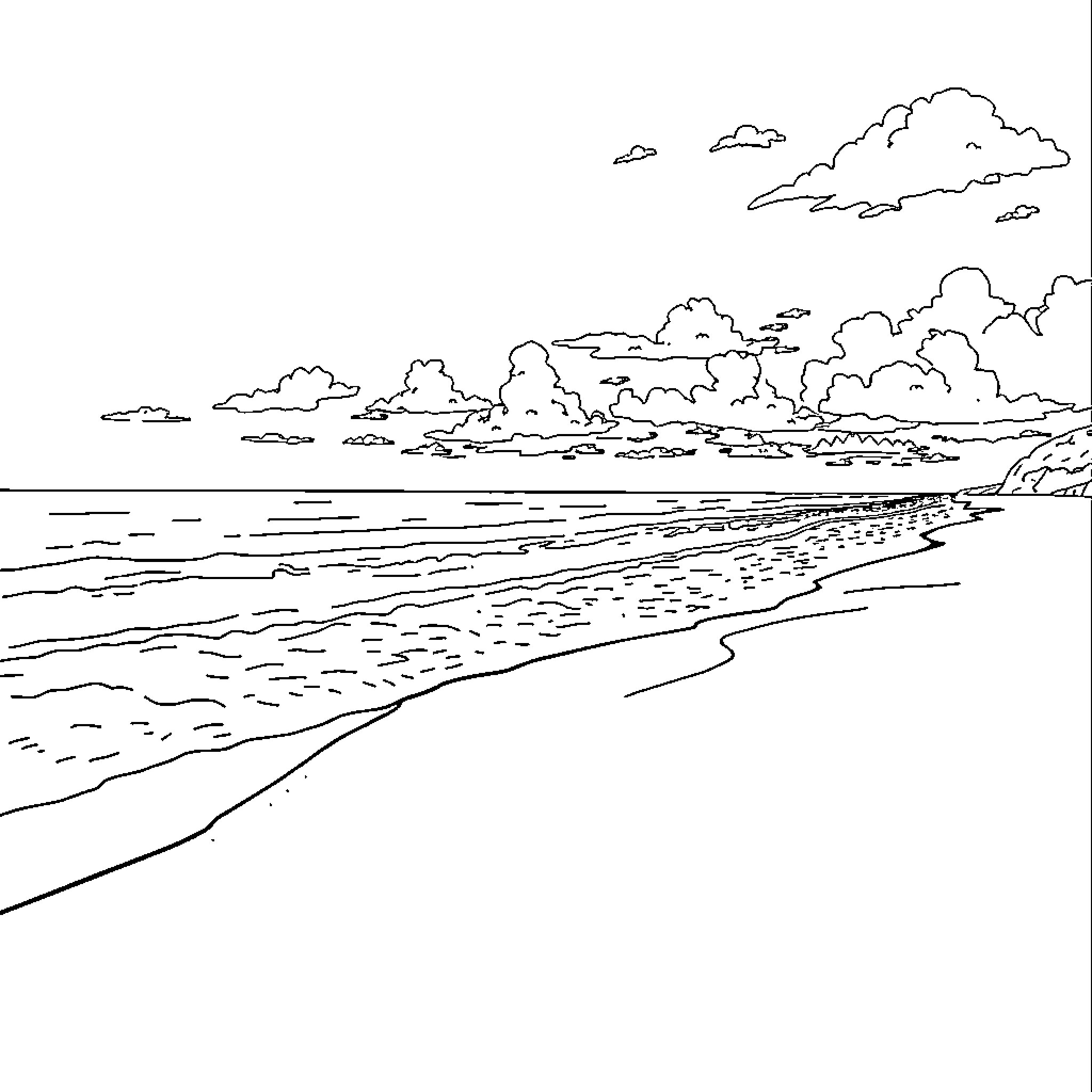Beach landscape with cloudy sky and waves Coloring Page (free black-and-white line drawing printable PDF for all, from beginners to advanced learners, including children, teens, adults, and seniors)