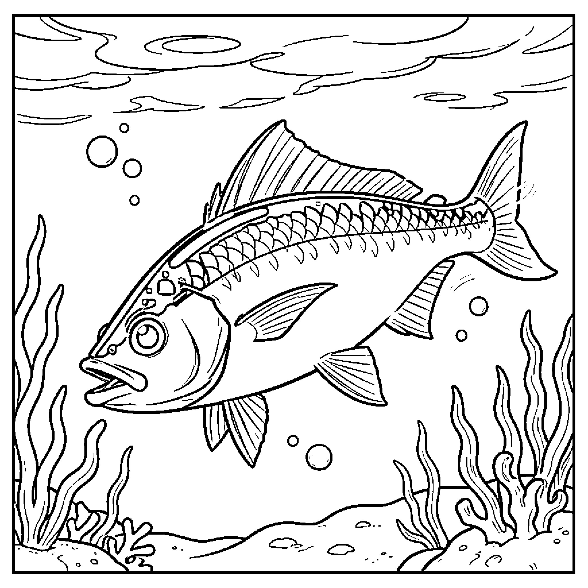 Superfish swimming in the ocean Coloring Page (free black-and-white line drawing printable PDF for all, from beginners to advanced learners, including children, teens, adults, and seniors)