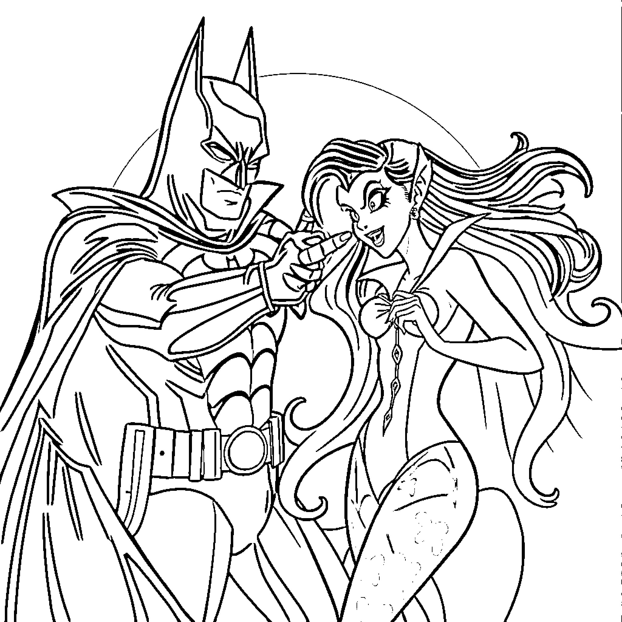 Draculaura's Spooky Encounter with a Heroic Figure Coloring Page (free black-and-white line drawing printable PDF for all, from beginners to advanced learners, including children, teens, adults, and seniors)