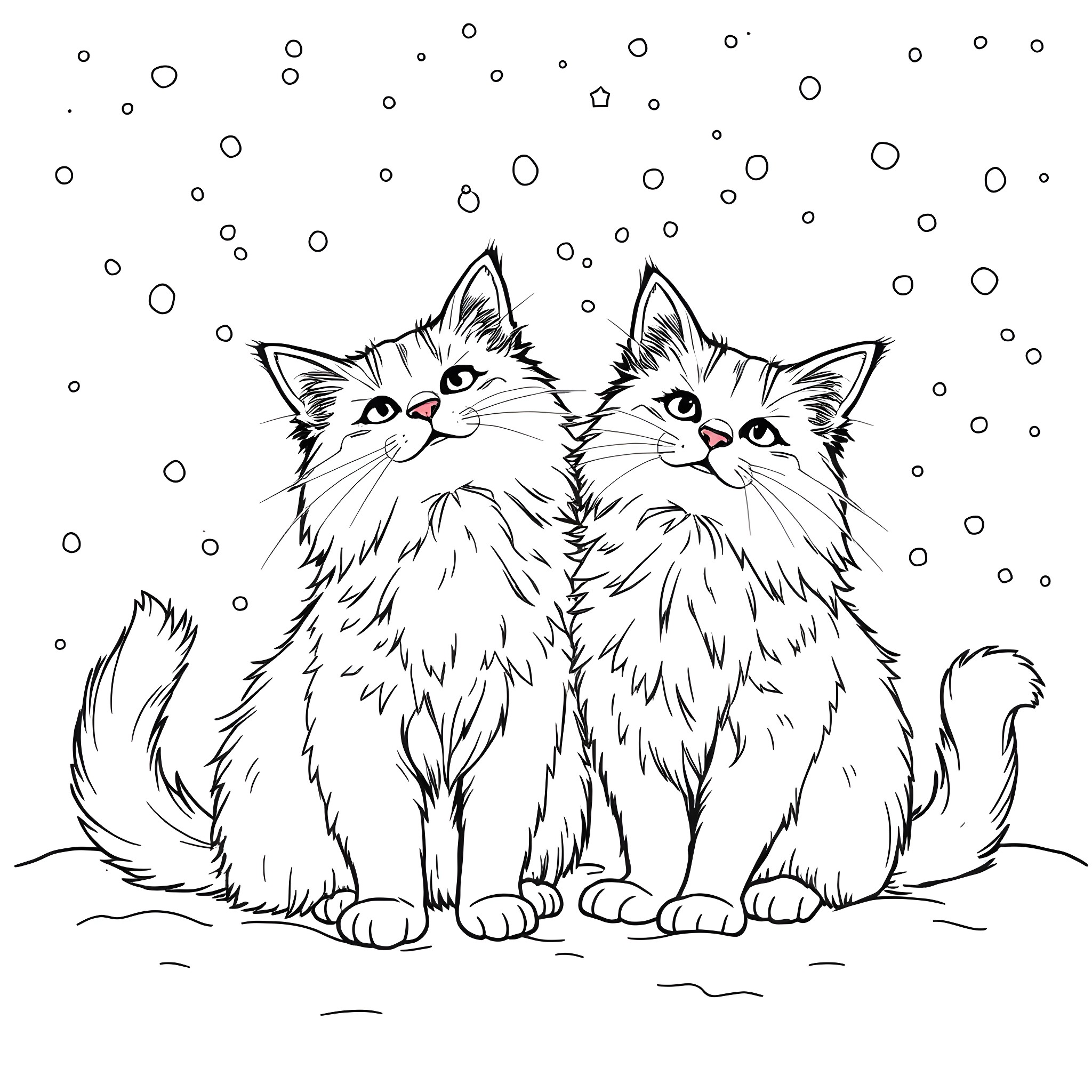 Cats playing in winter snow Coloring Page (free black-and-white line drawing printable PDF for all, from beginners to advanced learners, including children, teens, adults, and seniors)