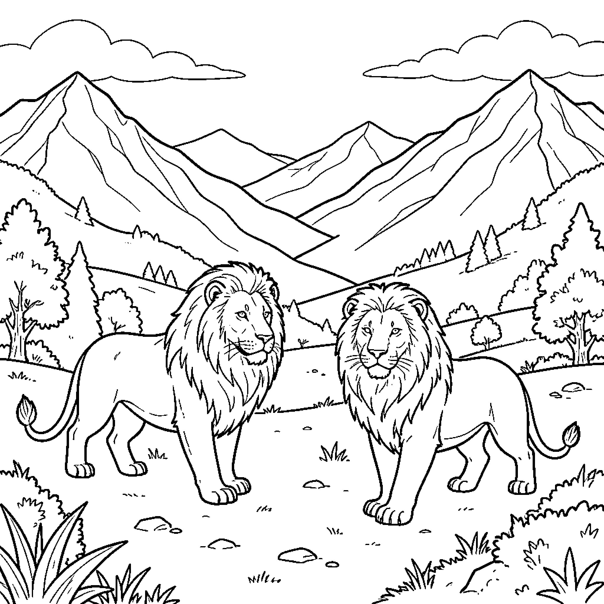 Atlas Lion standing majestically in a mountain landscape Coloring Page (free black-and-white line drawing printable PDF for all, from beginners to advanced learners, including children, teens, adults, and seniors)