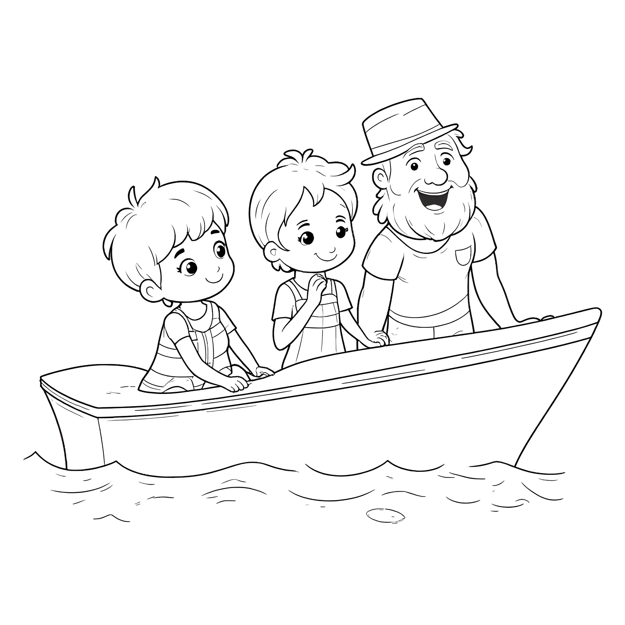 Boy and friends on a boat adventure Coloring Page (free black-and-white line drawing printable PDF for all, from beginners to advanced learners, including children, teens, adults, and seniors)