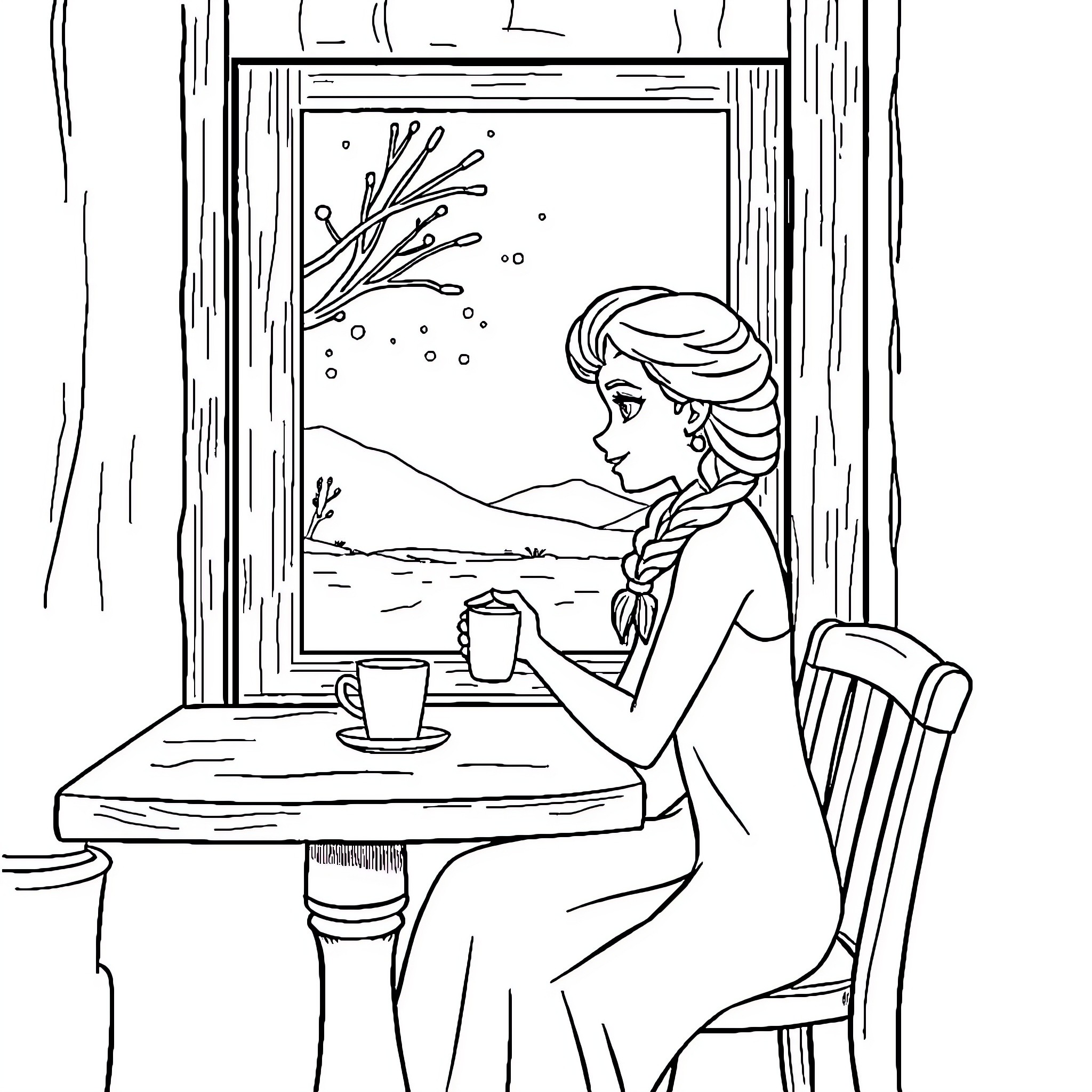 Elsa enjoying a warm drink by the snowy window Coloring Page (free black-and-white line drawing printable PDF for all, from beginners to advanced learners, including children, teens, adults, and seniors)