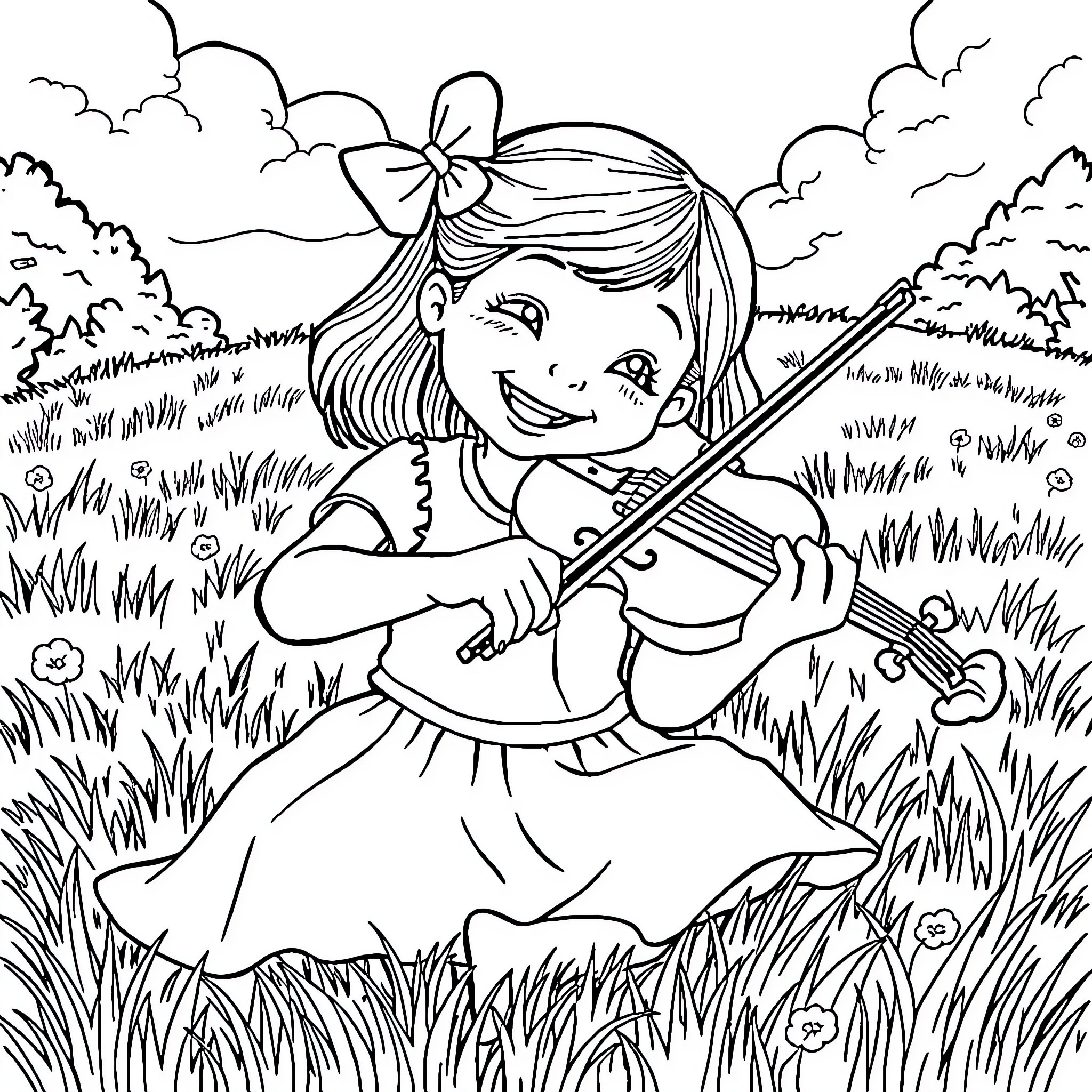 Girl playing joyfully with her violin in the meadow Coloring Page (free black-and-white line drawing printable PDF for all, from beginners to advanced learners, including children, teens, adults, and seniors)