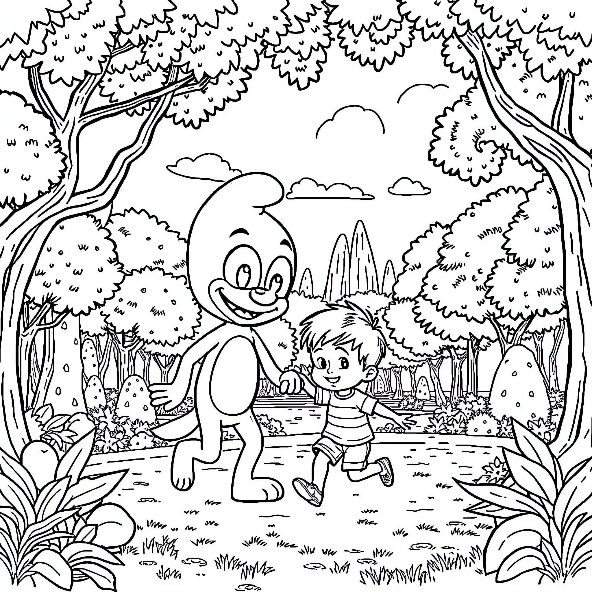 Bluey and Friend Explore the Enchanted Forest Coloring Page (free black-and-white line drawing printable PDF for all, from beginners to advanced learners, including children, teens, adults, and seniors)