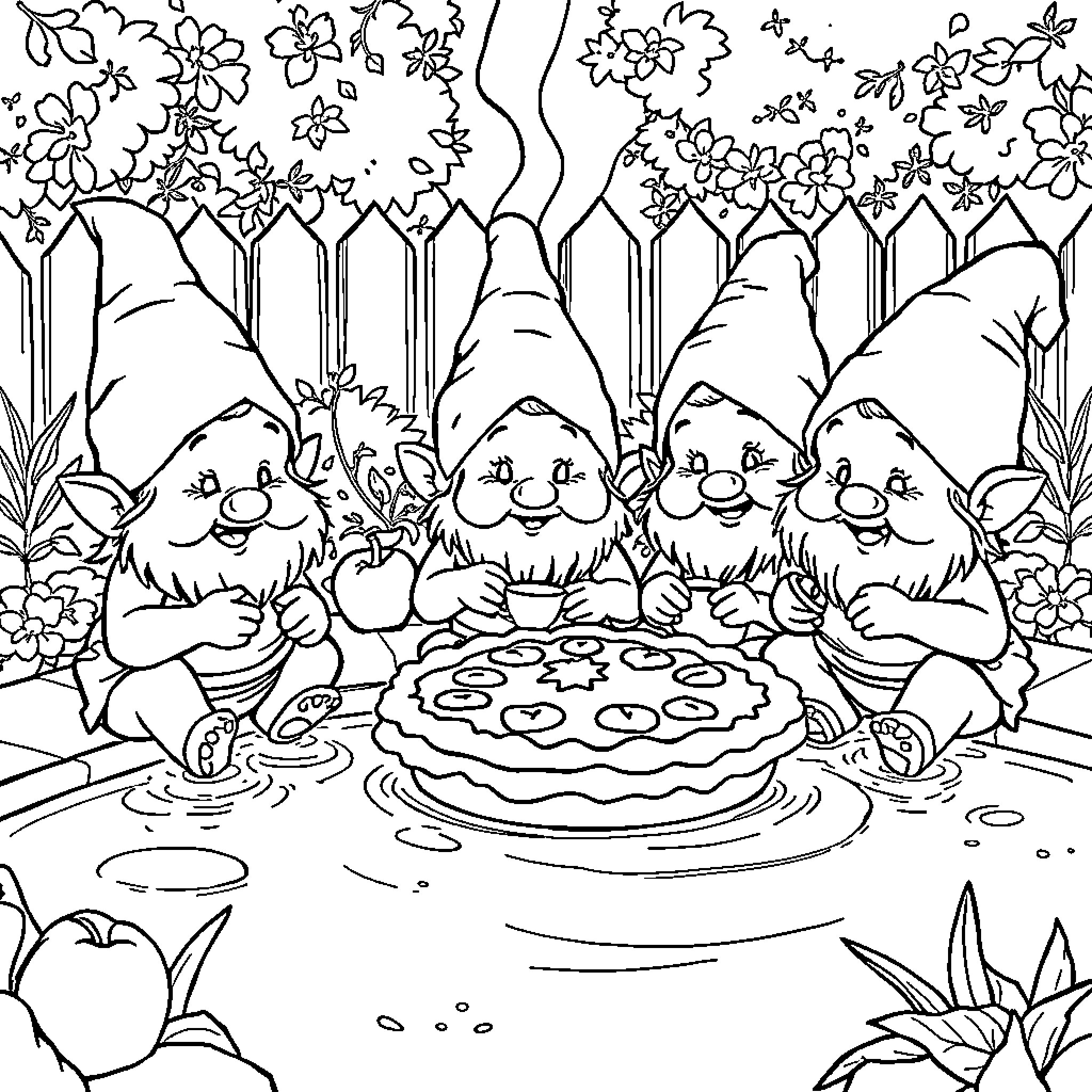 Midget gnomes enjoying a festive cake in nature Coloring Page (free black-and-white line drawing printable PDF for all, from beginners to advanced learners, including children, teens, adults, and seniors)