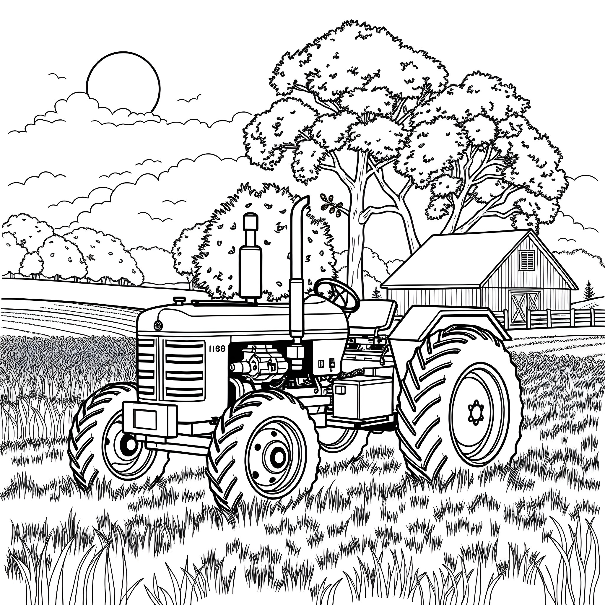 Tractor plowing the field on a sunny day Coloring Page (free black-and-white line drawing printable PDF for all, from beginners to advanced learners, including children, teens, adults, and seniors)