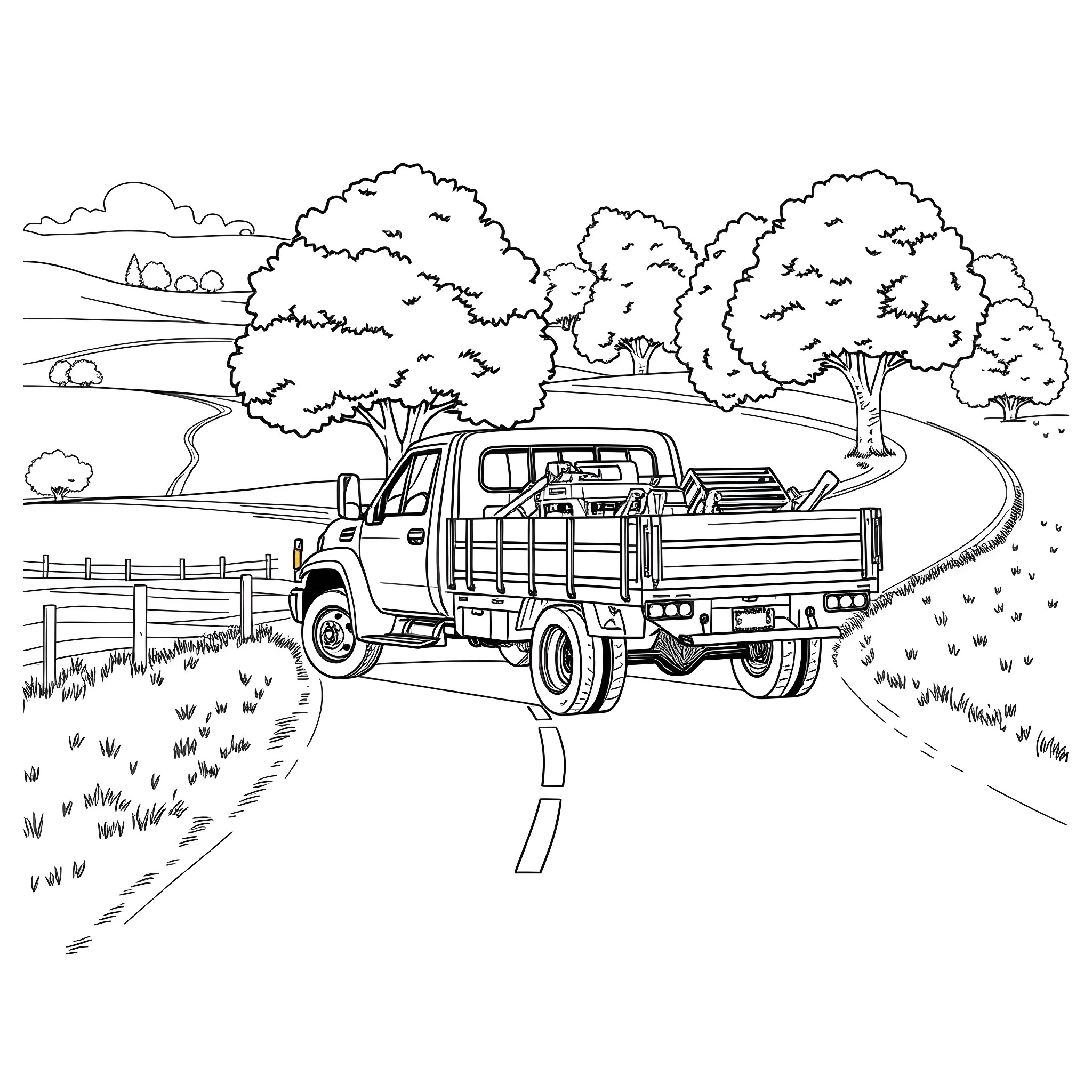 Flatbed truck hauling goods through rural landscape Coloring Page (free black-and-white line drawing printable PDF for all, from beginners to advanced learners, including children, teens, adults, and seniors)