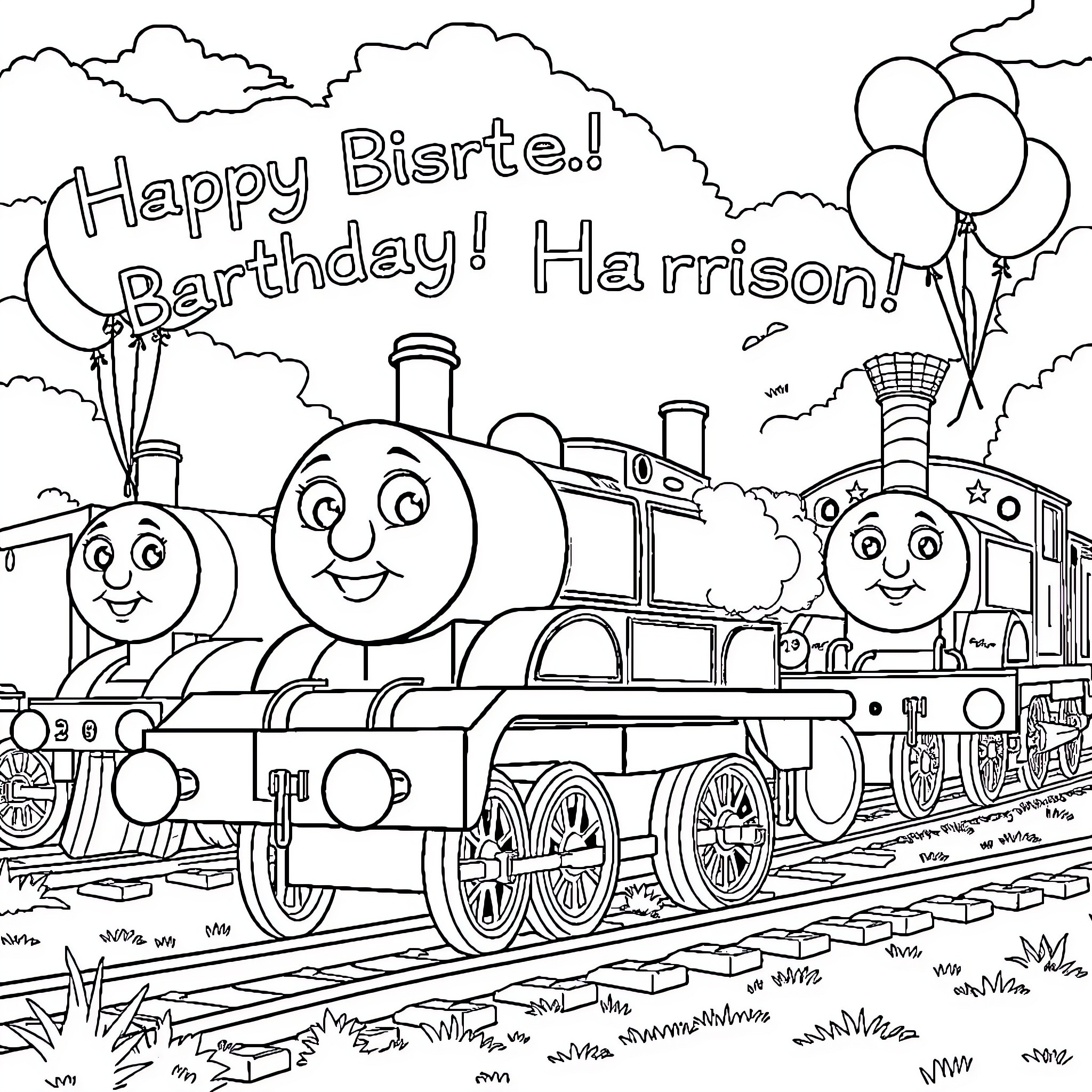 Thomas' Birthday Train Celebration with Balloons Coloring Page (free black-and-white line drawing printable PDF for all, from beginners to advanced learners, including children, teens, adults, and seniors)