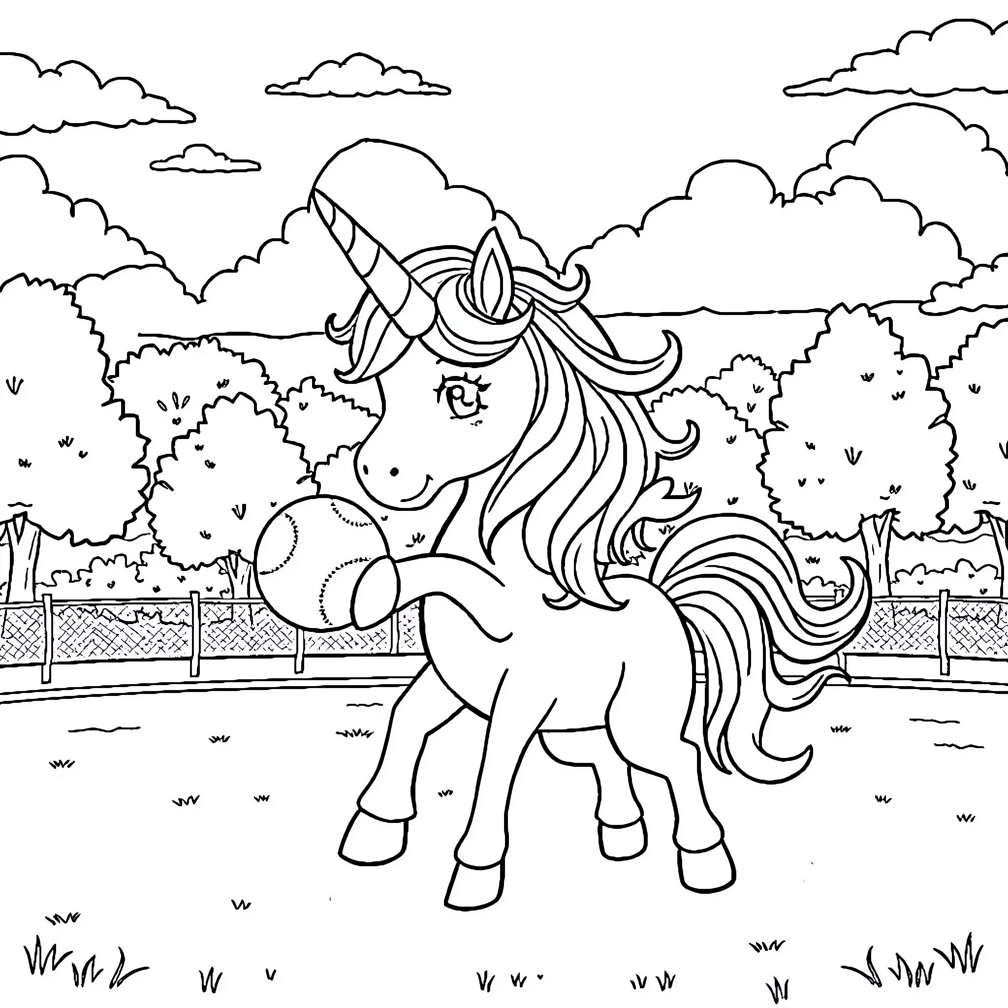 Unicorn frolicking in enchanted forest Coloring Page (free black-and-white line drawing printable PDF for all, from beginners to advanced learners, including children, teens, adults, and seniors)