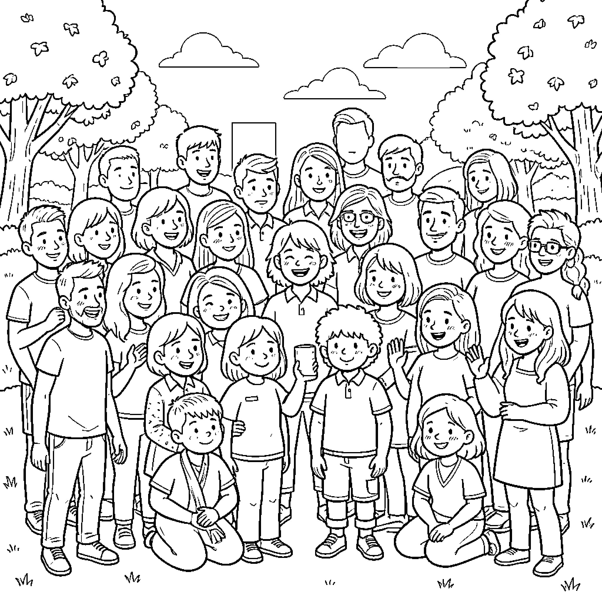 Mob of diverse students posing for a group photo Coloring Page (free black-and-white line drawing printable PDF for all, from beginners to advanced learners, including children, teens, adults, and seniors)