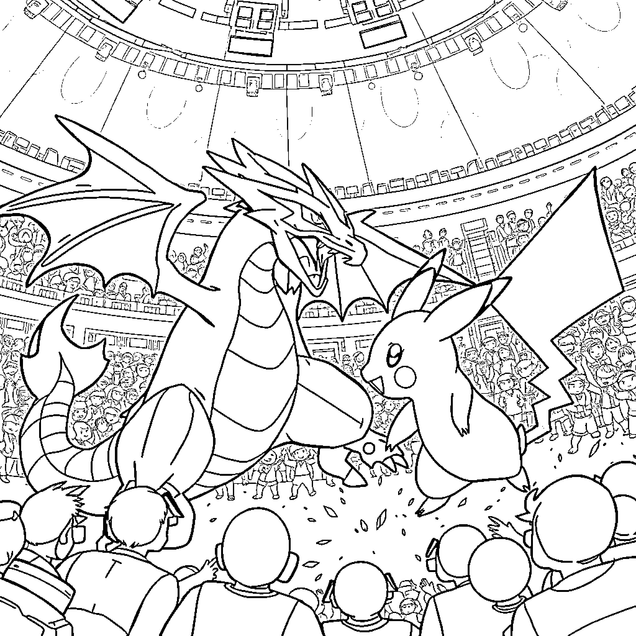 Dracofeu's Exciting Pokemon Battle in the Stadium Coloring Page (free black-and-white line drawing printable PDF for all, from beginners to advanced learners, including children, teens, adults, and seniors)