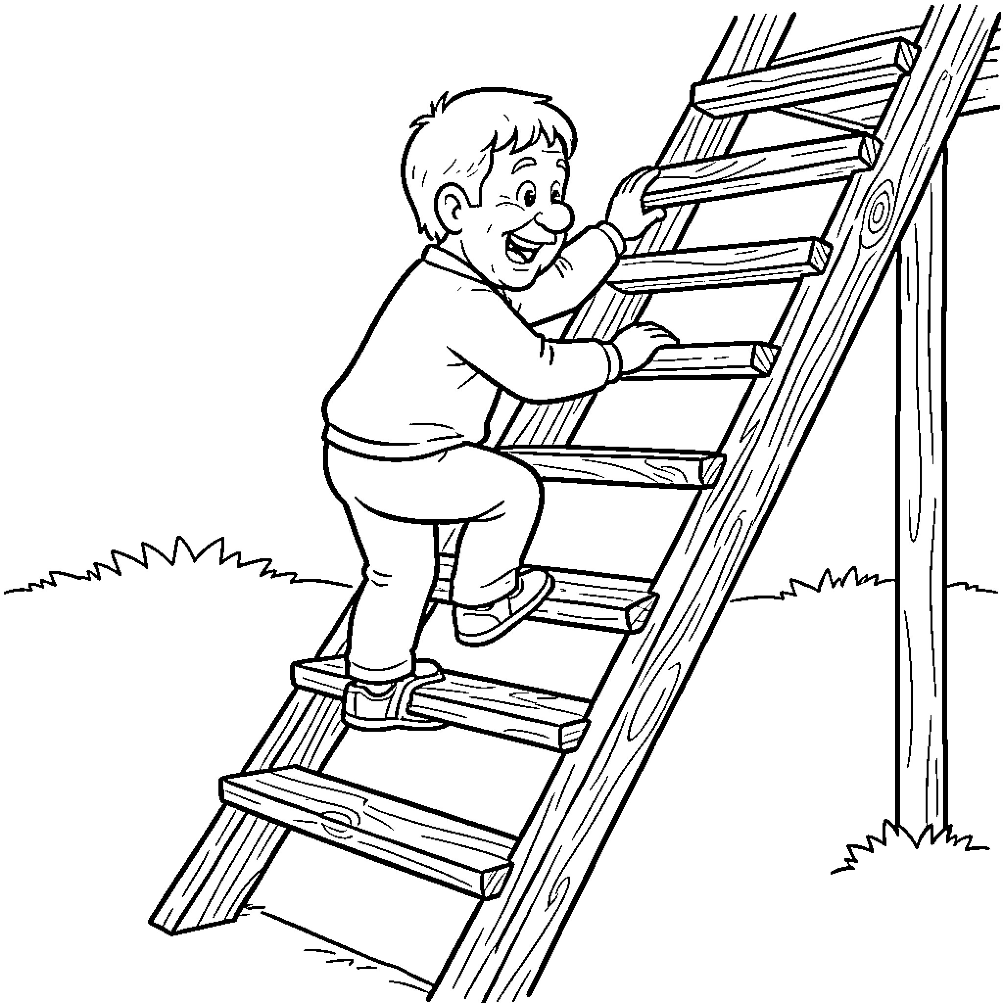Dad climbing up a ladder in the yard Coloring Page (free black-and-white line drawing printable PDF for all, from beginners to advanced learners, including children, teens, adults, and seniors)