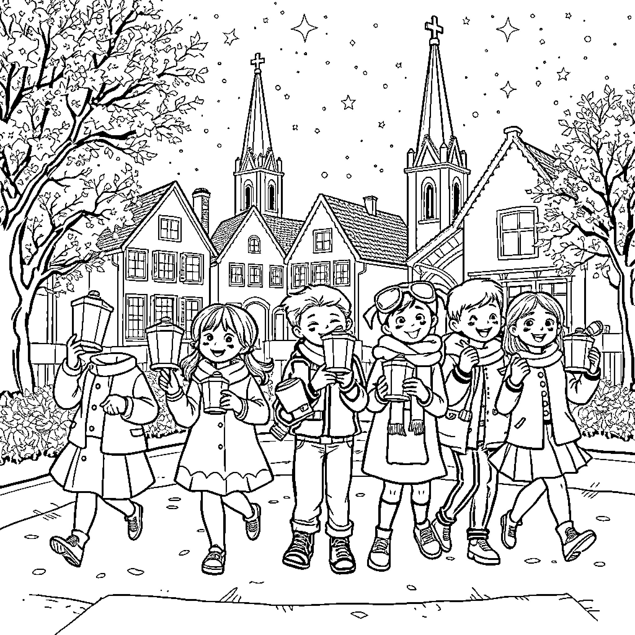 Children enjoying a winter wonderland scene Coloring Page (free black-and-white line drawing printable PDF for all, from beginners to advanced learners, including children, teens, adults, and seniors)