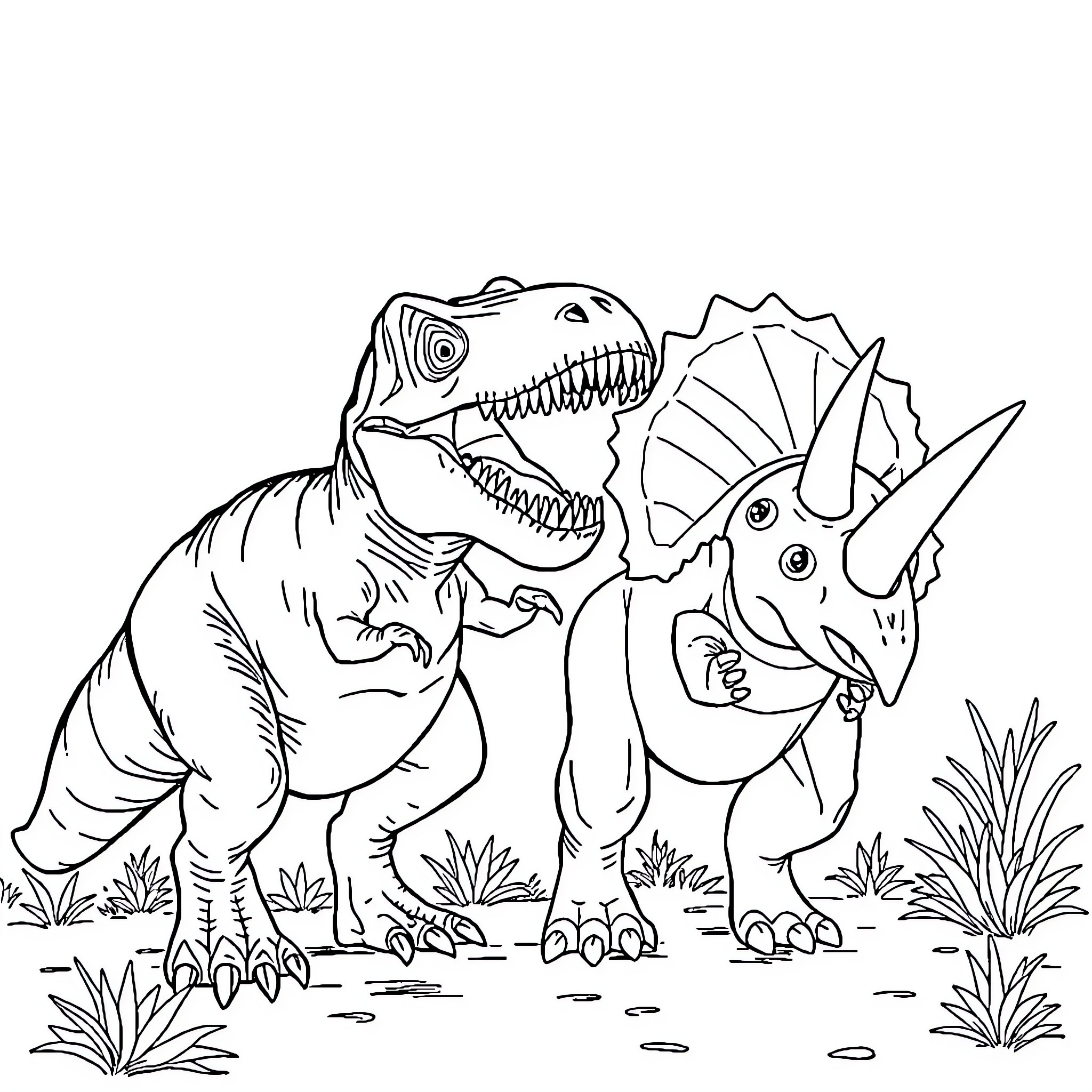 Tyrannosaurus confronting a Triceratops in the wild Coloring Page (free black-and-white line drawing printable PDF for all, from beginners to advanced learners, including children, teens, adults, and seniors)