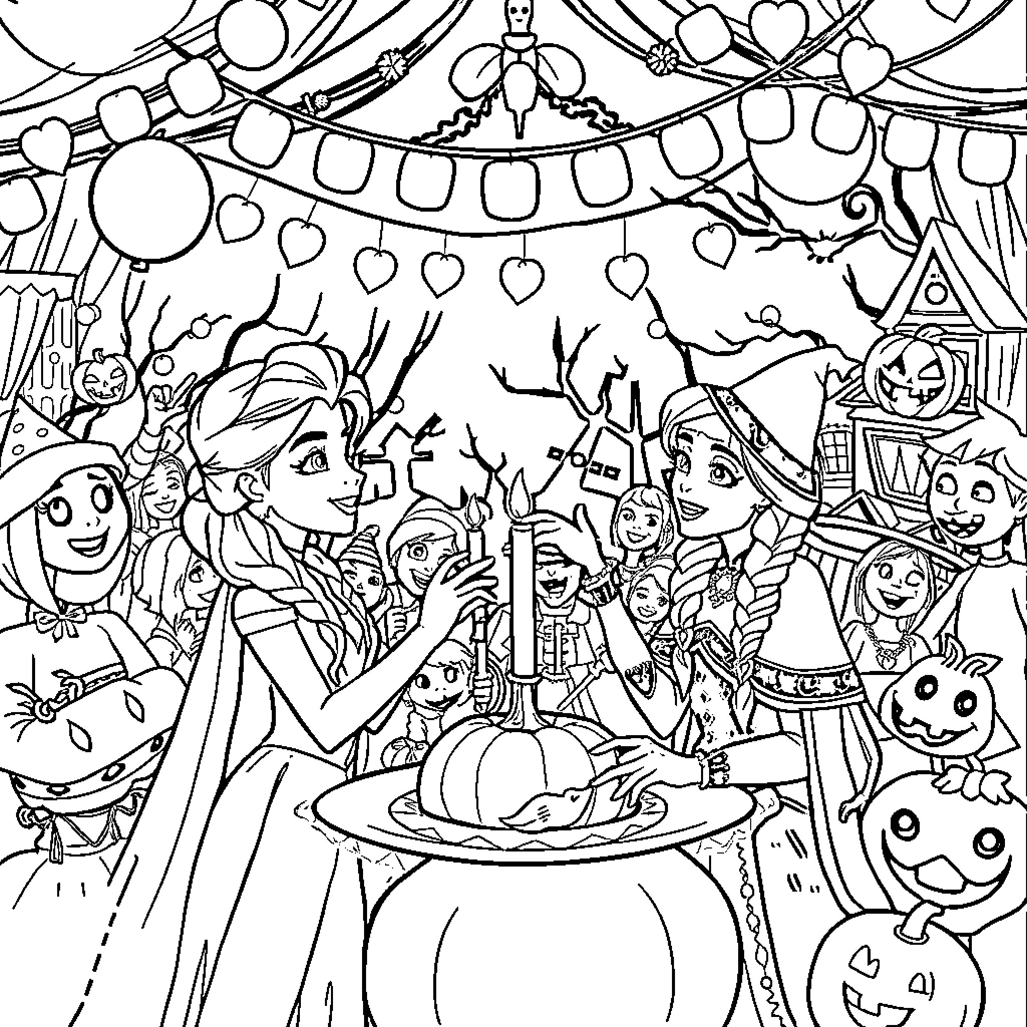 Elsa's Festive Gathering: A Whimsical Celebration Coloring Page (free black-and-white line drawing printable PDF for all, from beginners to advanced learners, including children, teens, adults, and seniors)