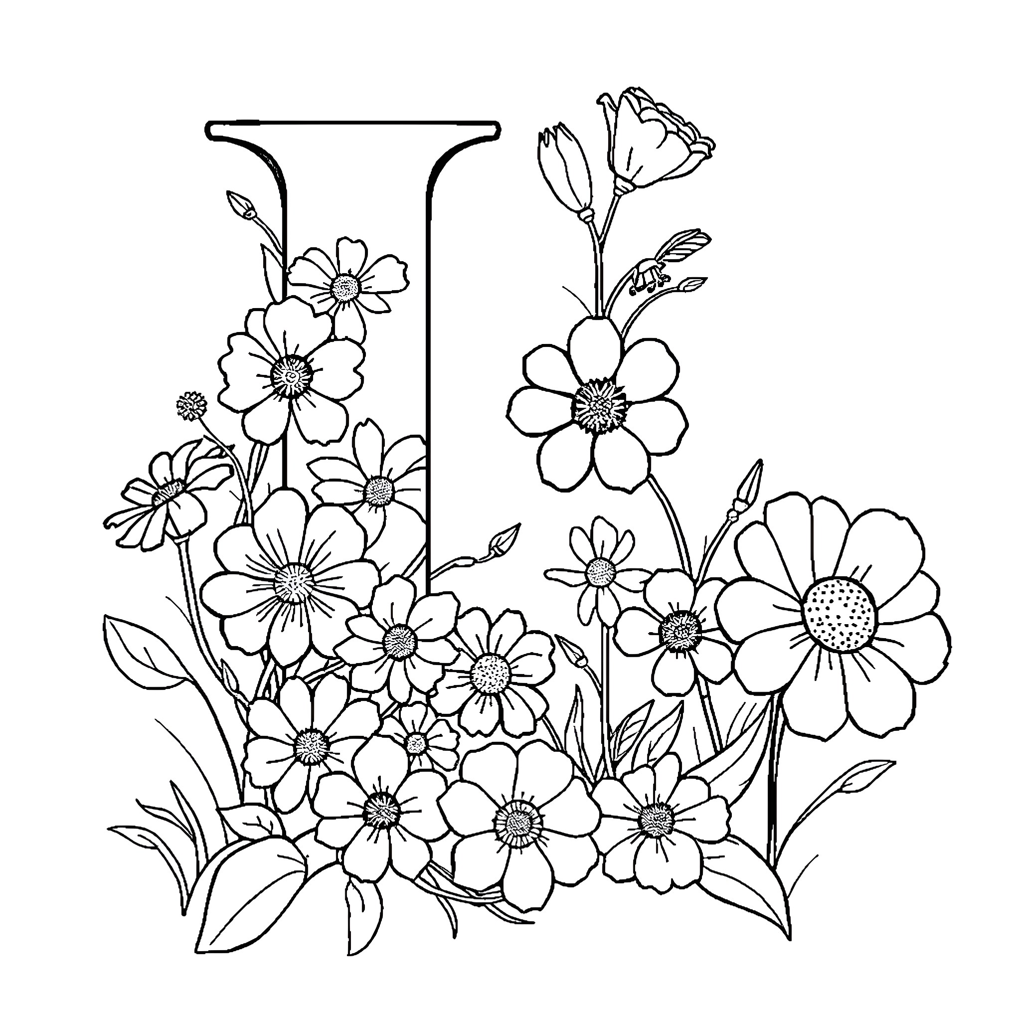 Letter L Adorned with Blooming Flowers Coloring Page (free black-and-white line drawing printable PDF for all, from beginners to advanced learners, including children, teens, adults, and seniors)