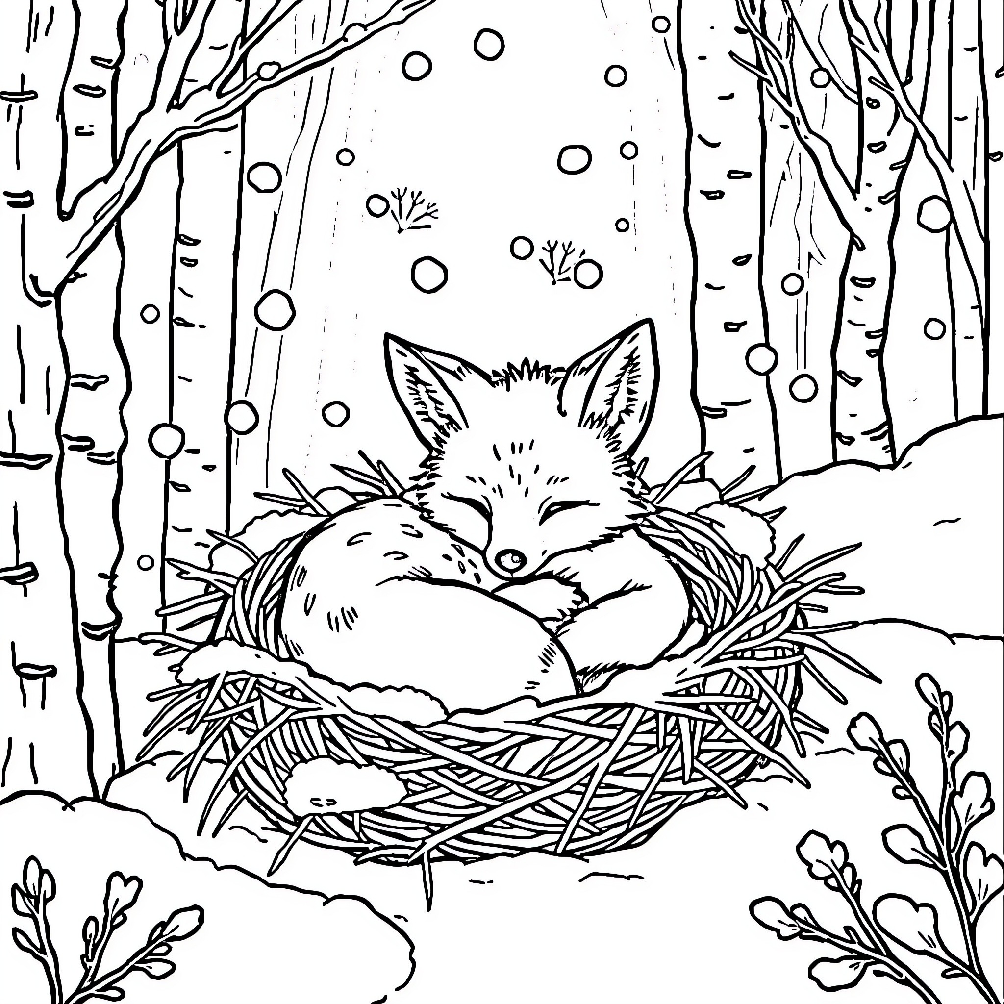 Fox napping peacefully in winter nest Coloring Page (free black-and-white line drawing printable PDF for all, from beginners to advanced learners, including children, teens, adults, and seniors)