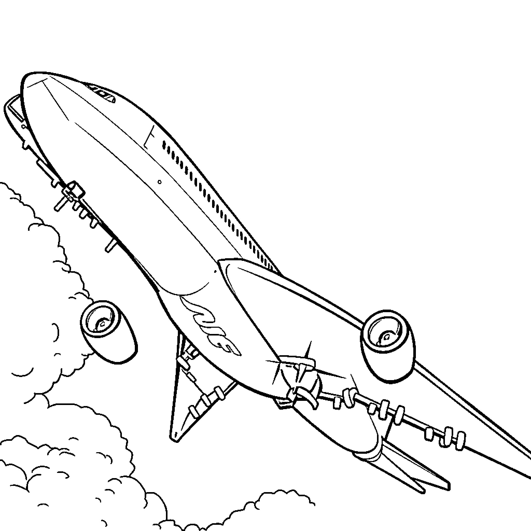 Boeing aircraft taking off into the sky Coloring Page (free black-and-white line drawing printable PDF for all, from beginners to advanced learners, including children, teens, adults, and seniors)
