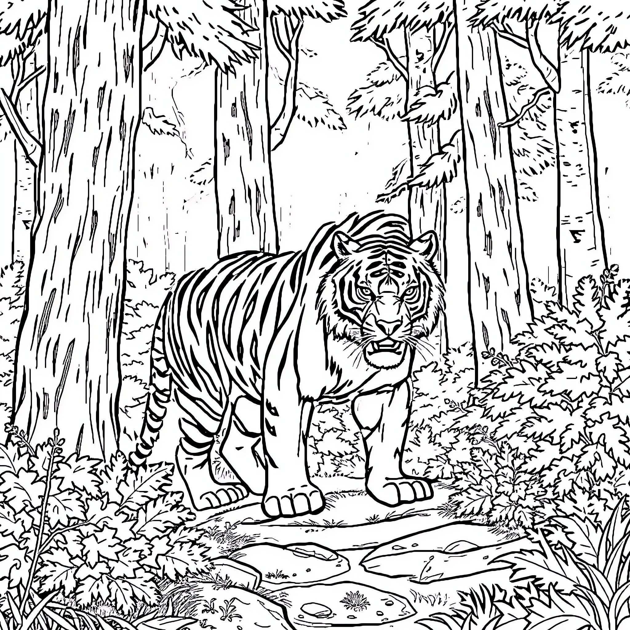 Sabertooth Tiger roaming in the forest Coloring Page (free black-and-white line drawing printable PDF for all, from beginners to advanced learners, including children, teens, adults, and seniors)