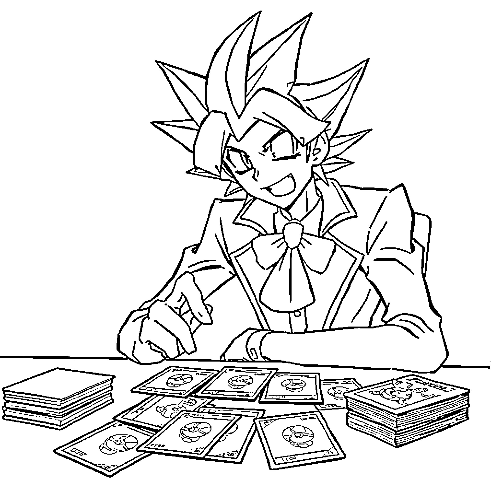 Yugi playing with Duel Monsters cards Coloring Page (free black-and-white line drawing printable PDF for all, from beginners to advanced learners, including children, teens, adults, and seniors)