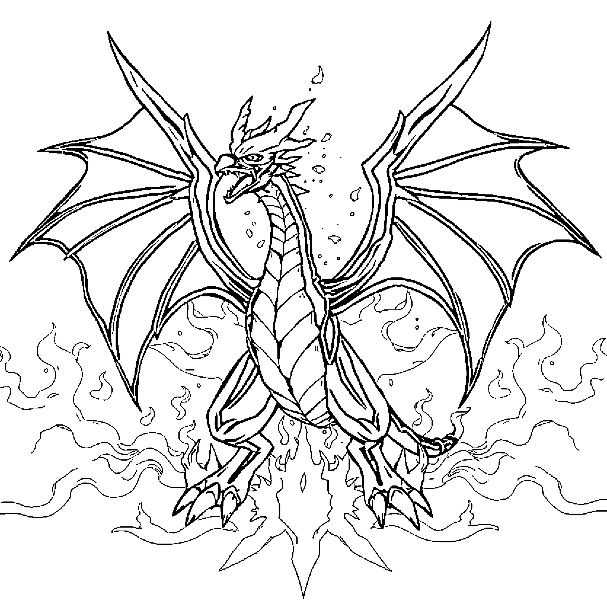 Dracofeu unleashing its fiery power Coloring Page (free black-and-white line drawing printable PDF for all, from beginners to advanced learners, including children, teens, adults, and seniors)