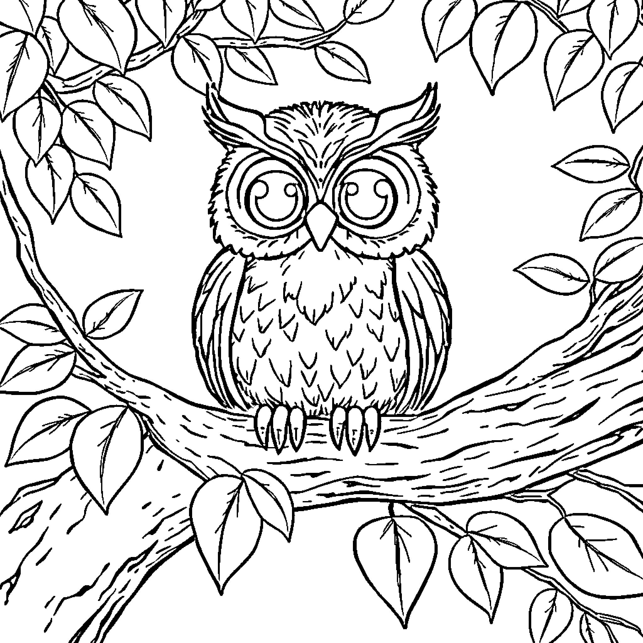 Owl perched on a tree branch in a forest Coloring Page (free black-and-white line drawing printable PDF for all, from beginners to advanced learners, including children, teens, adults, and seniors)