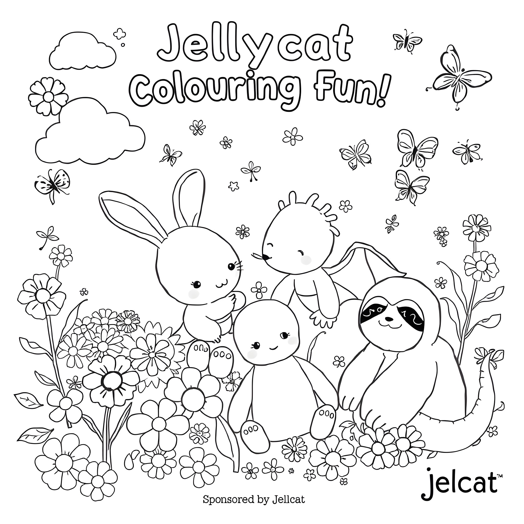 Animal Friends in Flowery Garden Coloring Page (free black-and-white line drawing printable PDF for all, from beginners to advanced learners, including children, teens, adults, and seniors)