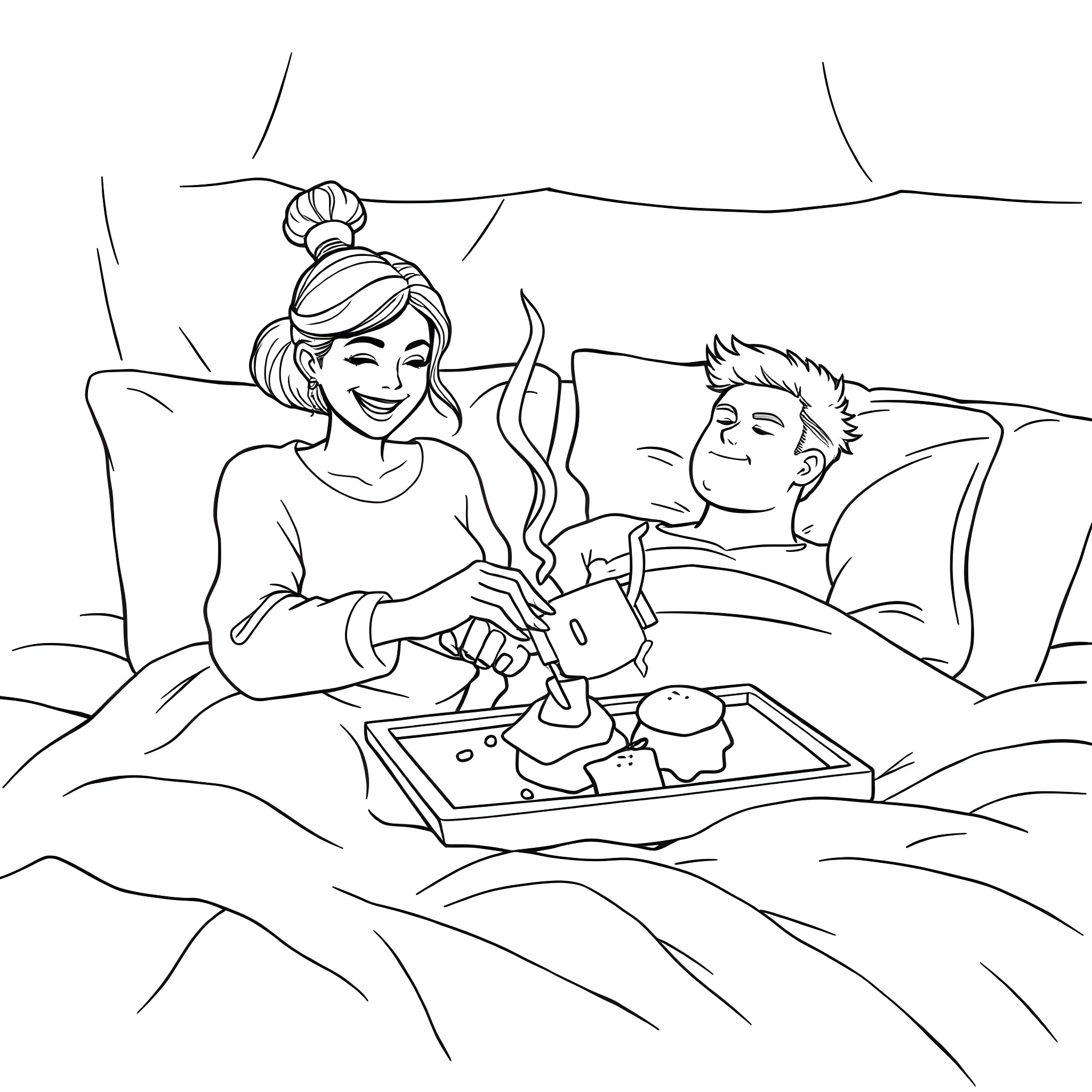 Wife and husband enjoying breakfast in bed Coloring Page (free black-and-white line drawing printable PDF for all, from beginners to advanced learners, including children, teens, adults, and seniors)