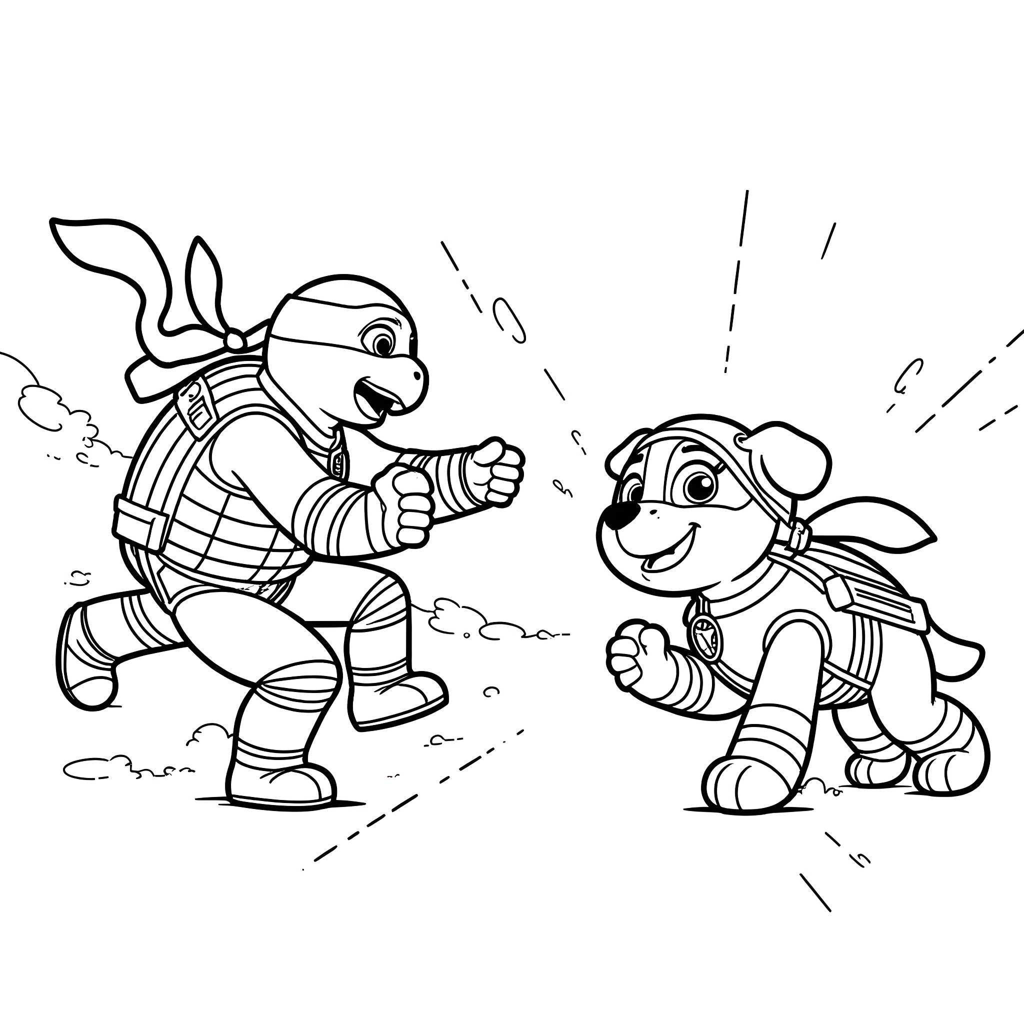 Ninja Turtle fighting with a dog in action Coloring Page (free black-and-white line drawing printable PDF for all, from beginners to advanced learners, including children, teens, adults, and seniors)