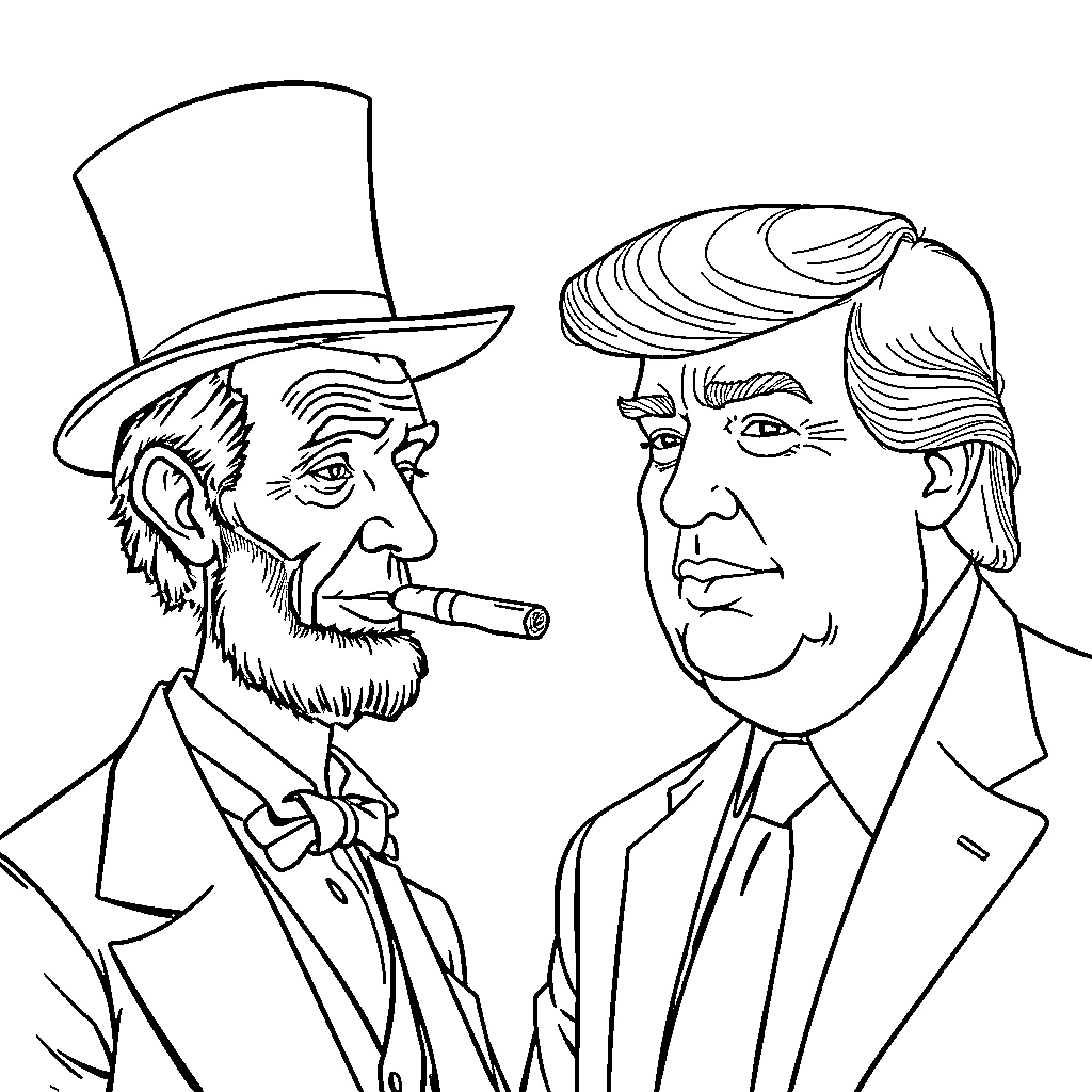 Abraham Lincoln and Donald Trump Caricatures Coloring Page (free black-and-white line drawing printable PDF for all, from beginners to advanced learners, including children, teens, adults, and seniors)
