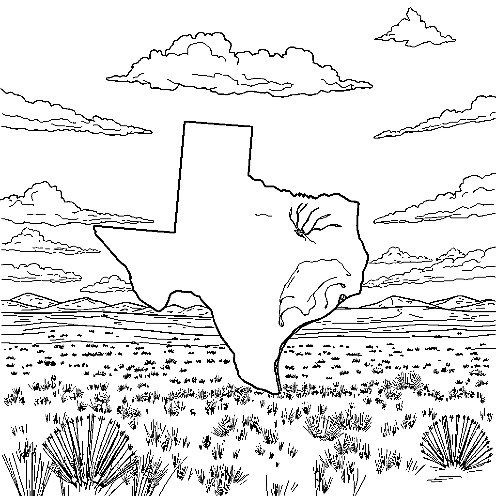 Texas Landscape with Outline of State Coloring Page (free black-and-white line drawing printable PDF for all, from beginners to advanced learners, including children, teens, adults, and seniors)