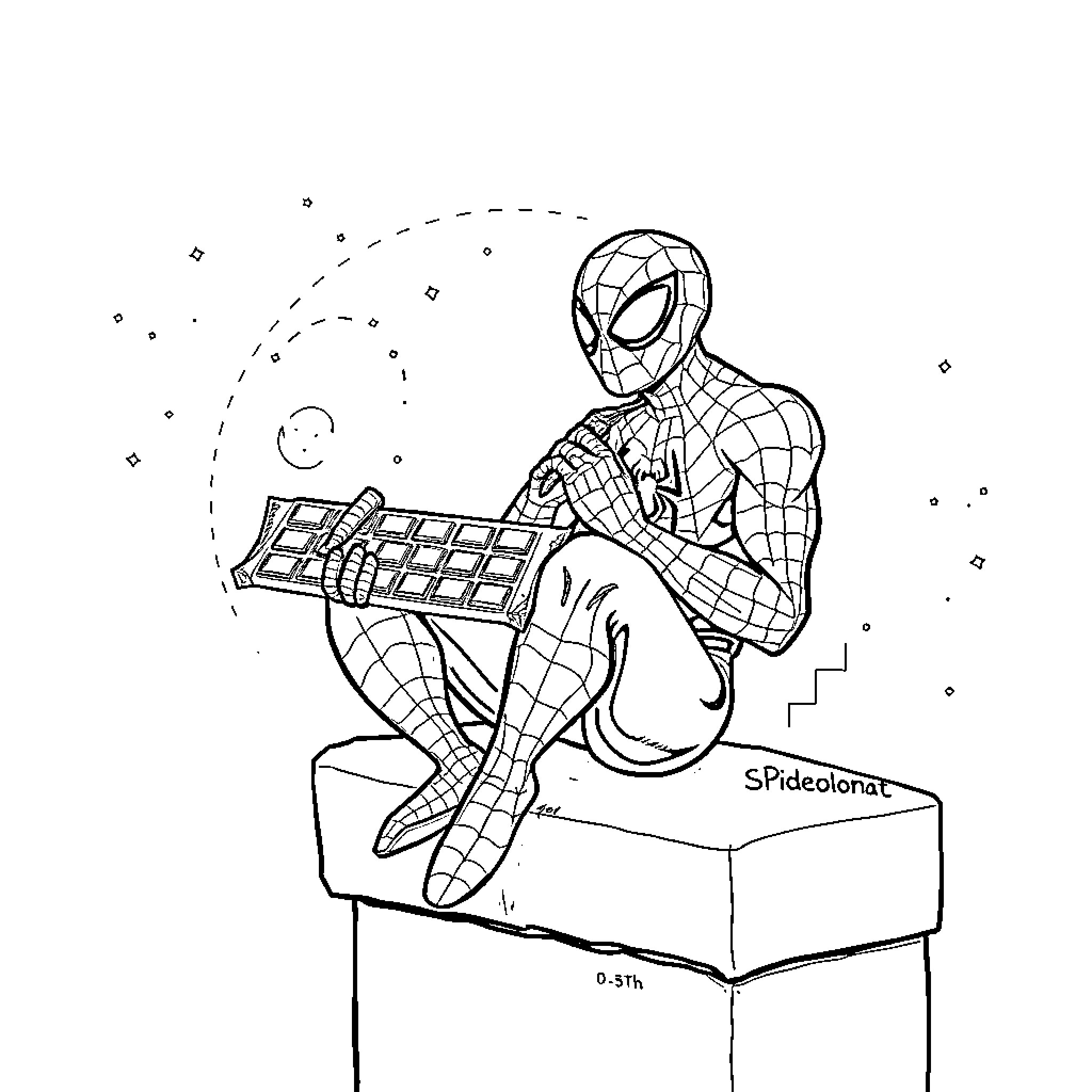 Spiderman playing with electronic device in the stars Coloring Page (free black-and-white line drawing printable PDF for all, from beginners to advanced learners, including children, teens, adults, and seniors)