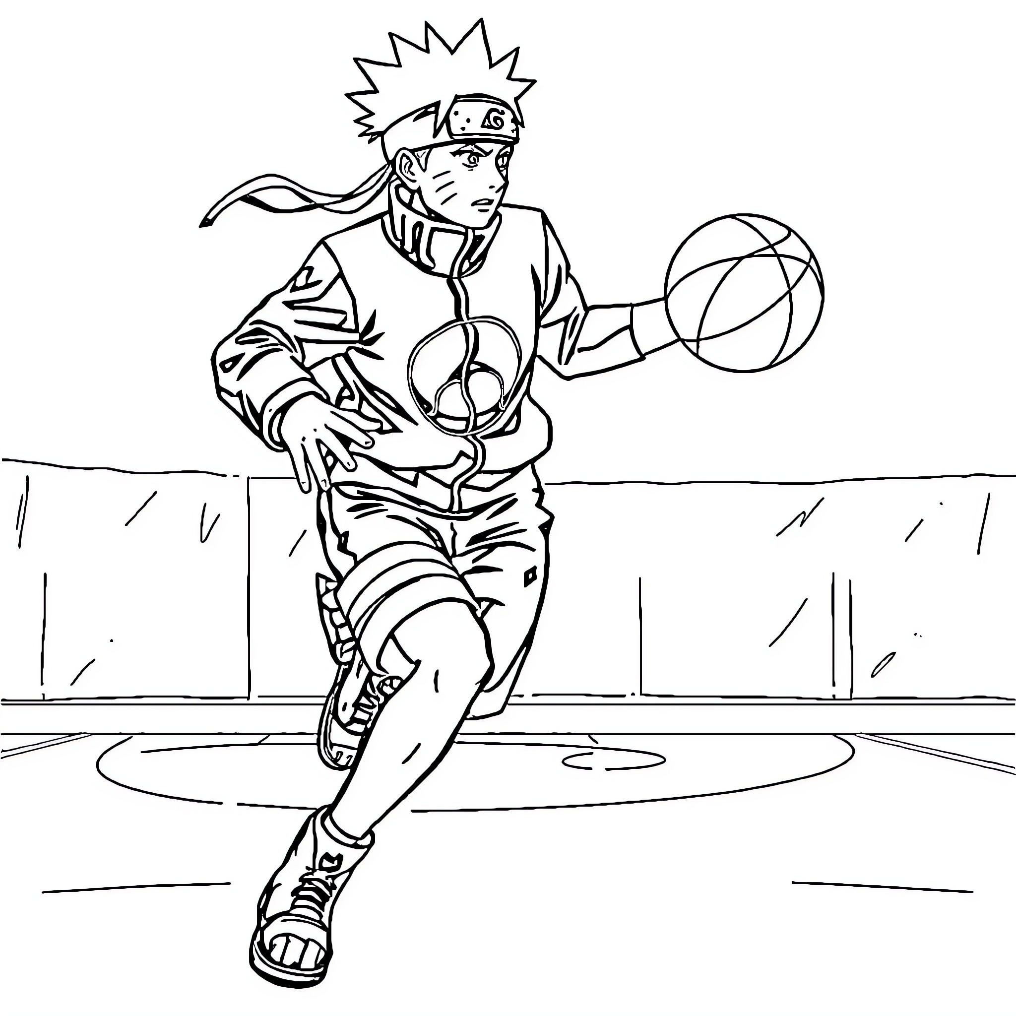 Naruto playing basketball on the court Coloring Page (free black-and-white line drawing printable PDF for all, from beginners to advanced learners, including children, teens, adults, and seniors)