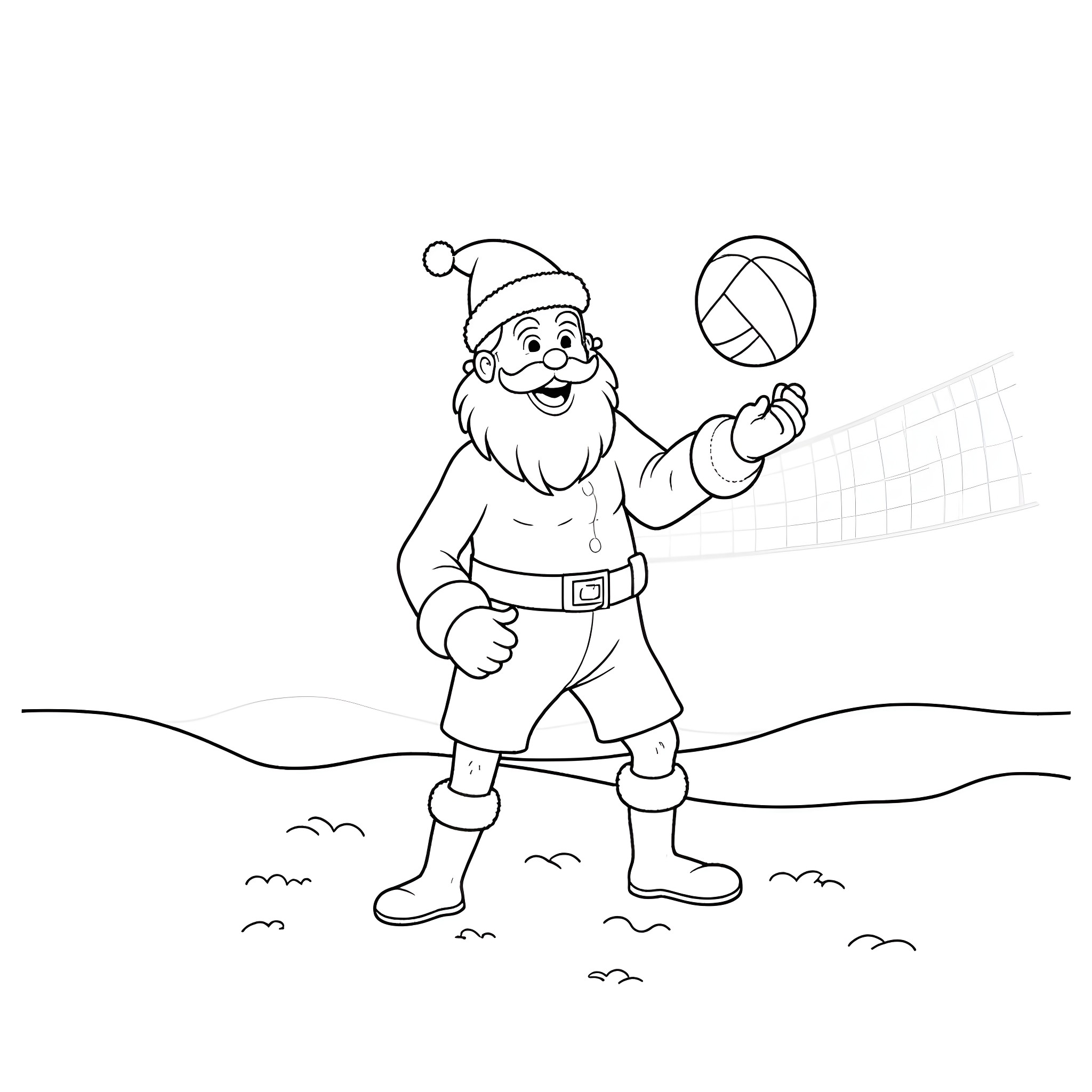 Santa Claus playing volleyball on the beach Coloring Page (free black-and-white line drawing printable PDF for all, from beginners to advanced learners, including children, teens, adults, and seniors)