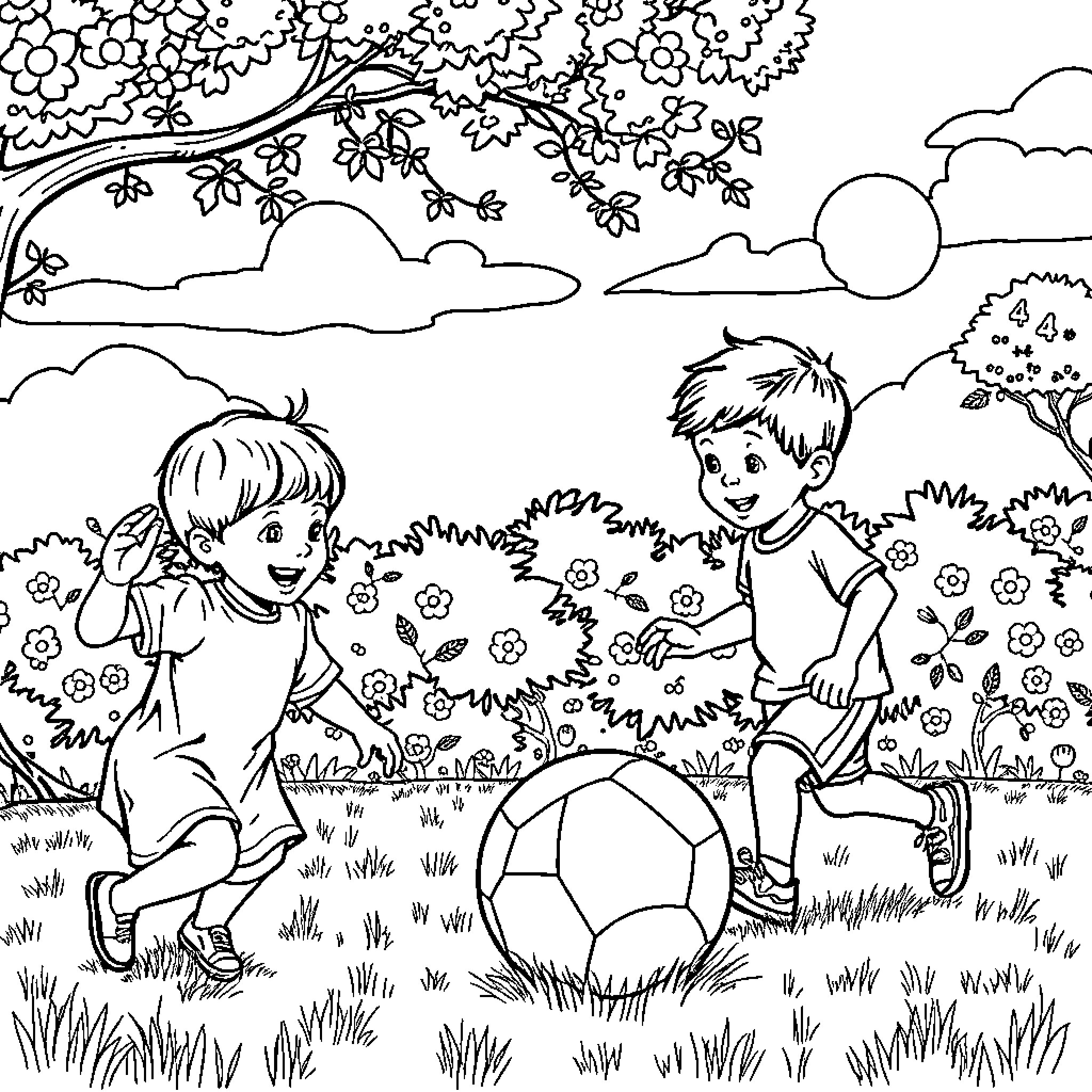 Kid playing soccer with friend in park Coloring Page (free black-and-white line drawing printable PDF for all, from beginners to advanced learners, including children, teens, adults, and seniors)