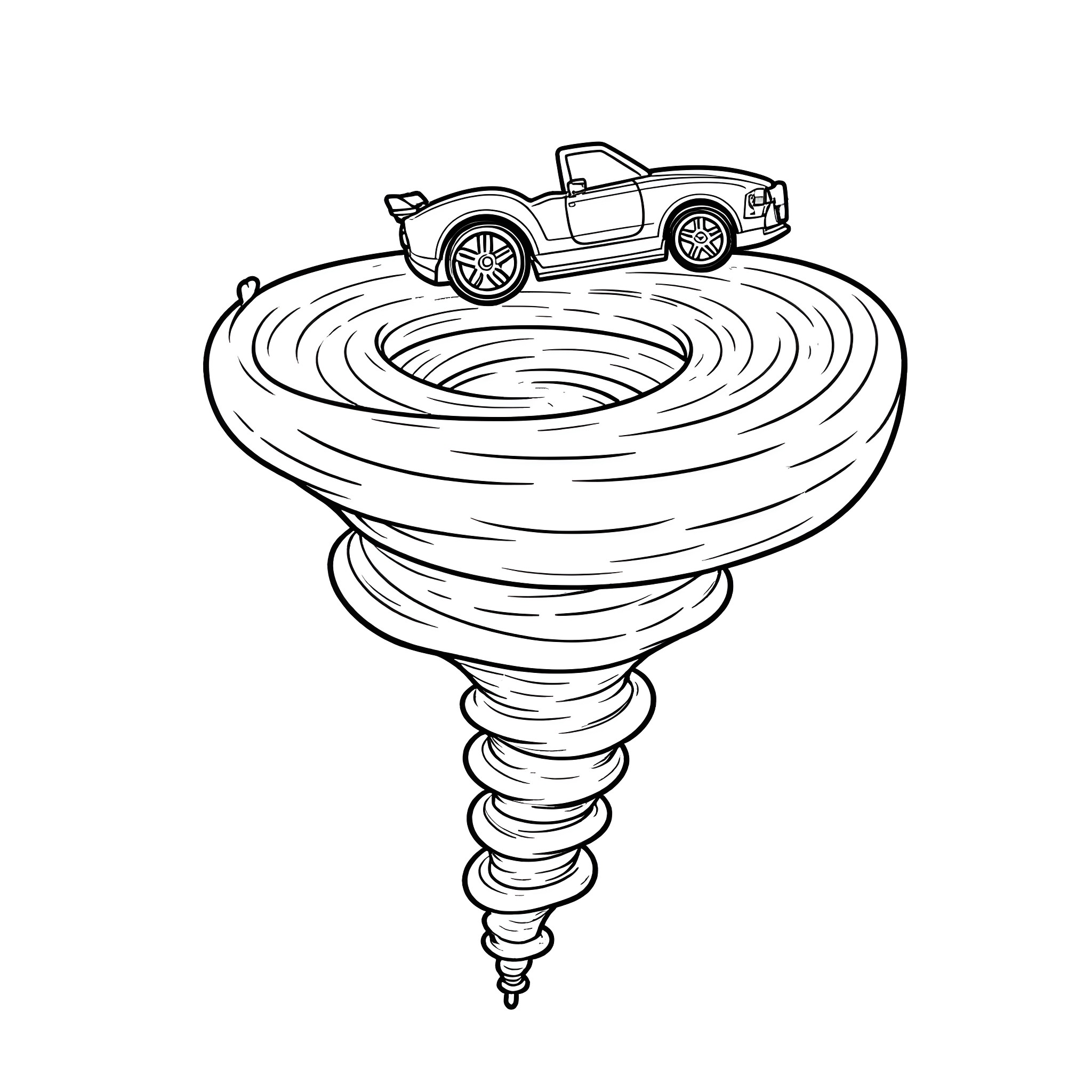 Hot Wheels car racing through a tornado Coloring Page (free black-and-white line drawing printable PDF for all, from beginners to advanced learners, including children, teens, adults, and seniors)