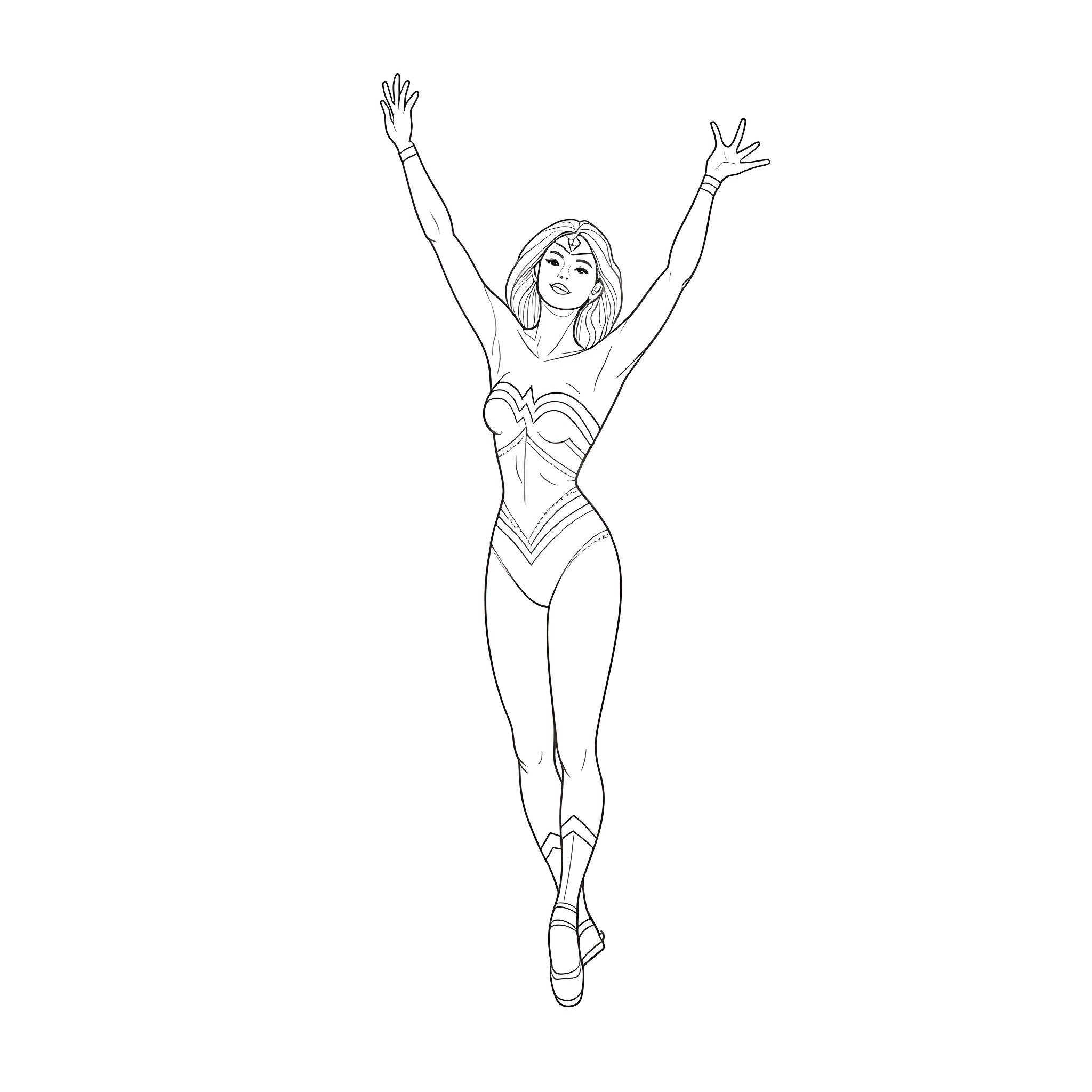 Wonder Woman in Action Pose Coloring Page (free black-and-white line drawing printable PDF for all, from beginners to advanced learners, including children, teens, adults, and seniors)